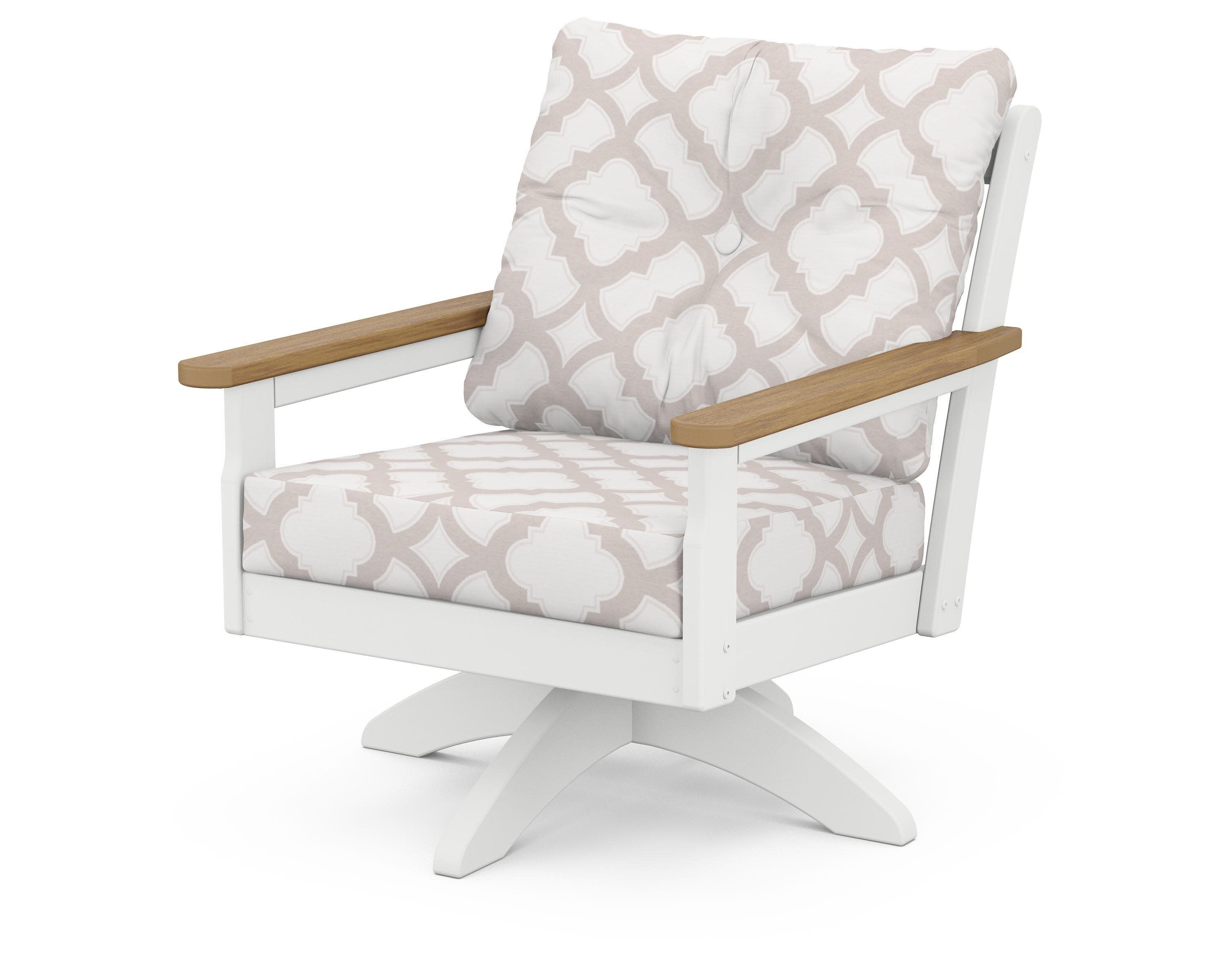 Vineyard Deep Seating Swivel Chair in White / Natural / Trellis Dune Burlap