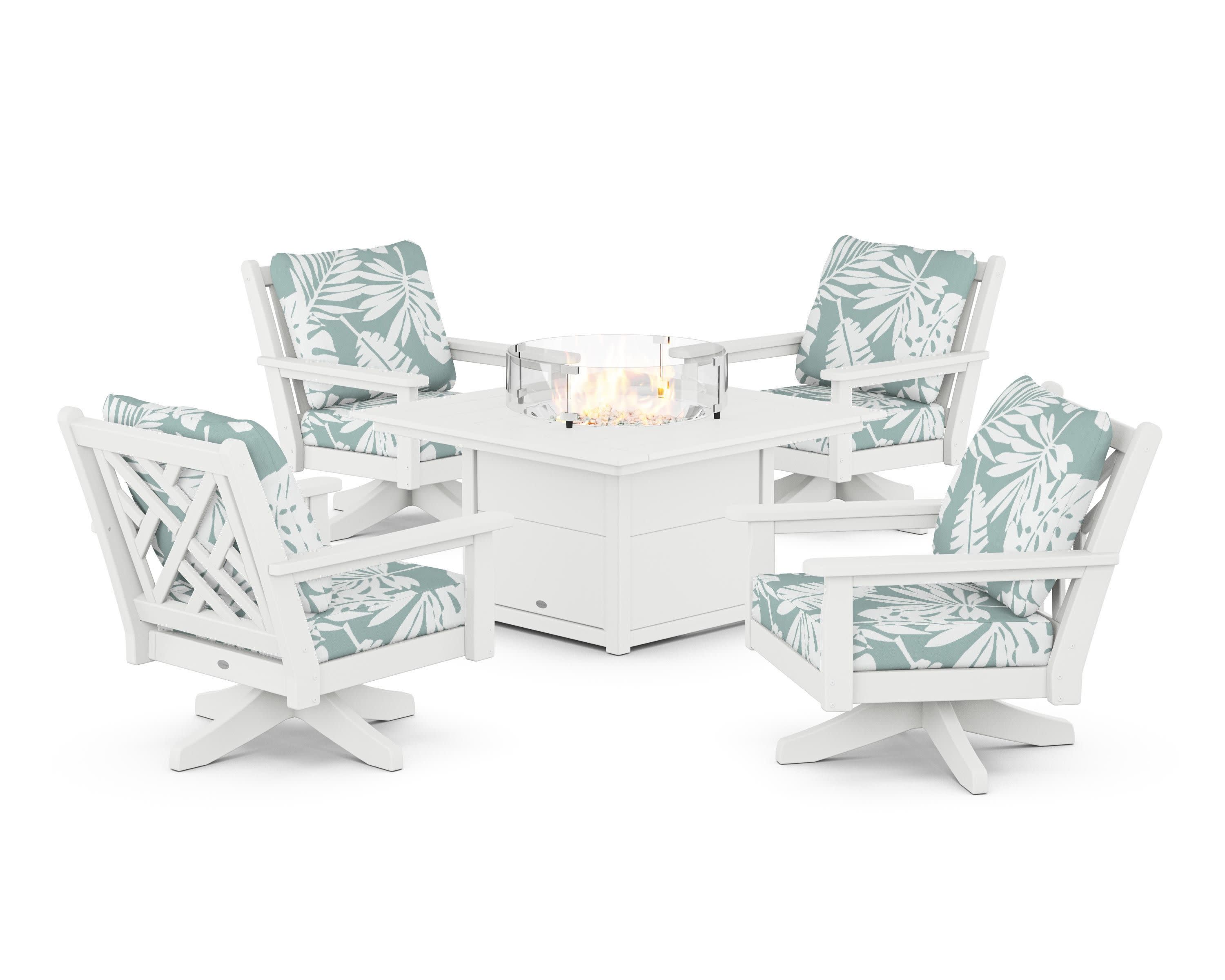 Chippendale 5-Piece Deep Seating Swivel Conversation Set with Fire Pit Table in White / Leaf Glacier Spa