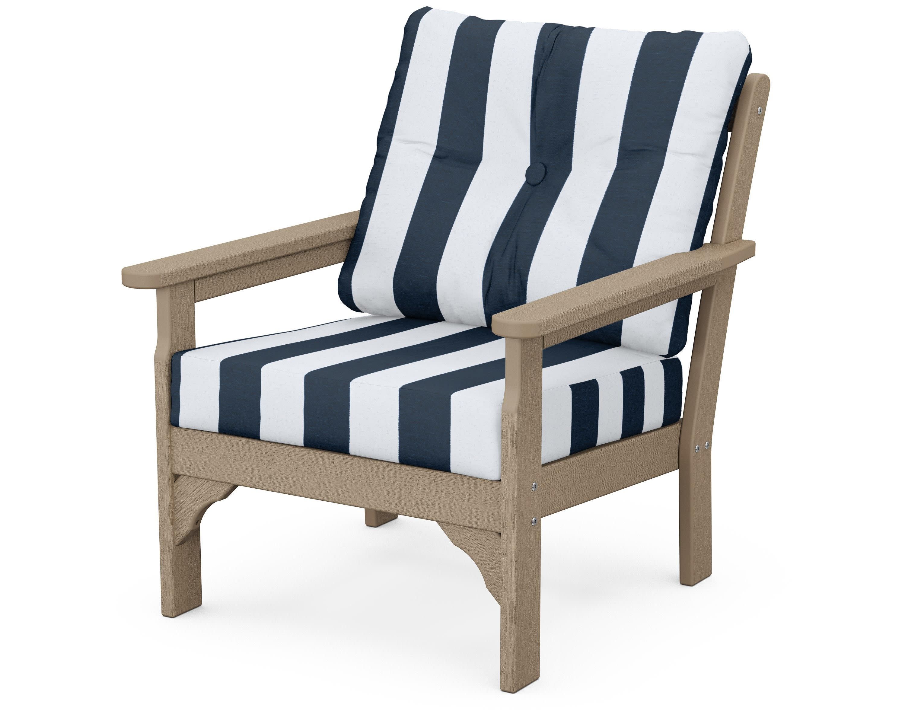 Vineyard Deep Seating Chair in Vintage Sahara / Cabana Stripe Marine Indigo