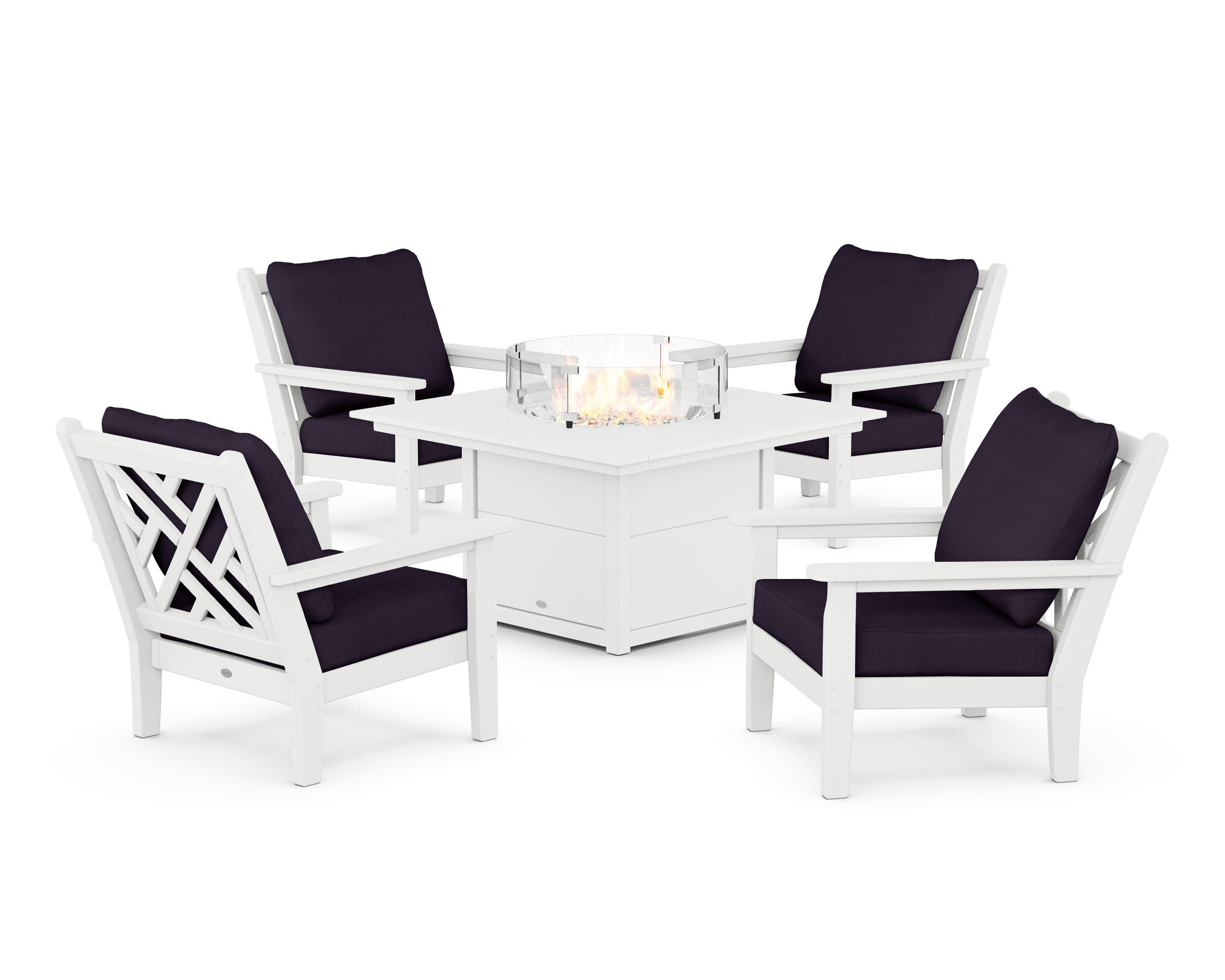 Chippendale 5-Piece Deep Seating Set with Fire Pit Table in White / Navy Linen