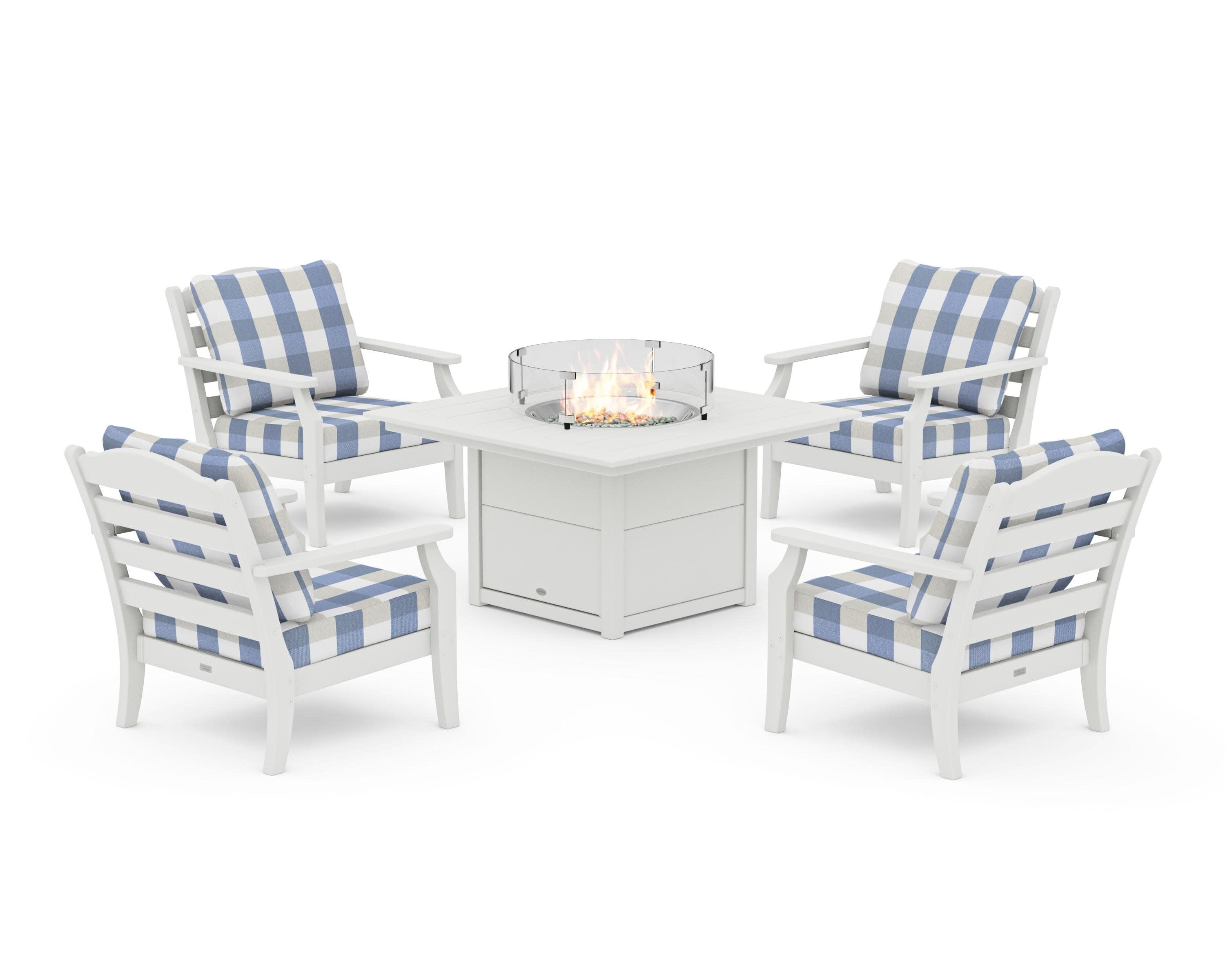 Savannah 5-Piece Deep Seating Set with Fire Pit Table in Vintage White / Buffalo Plaid Sky Blue