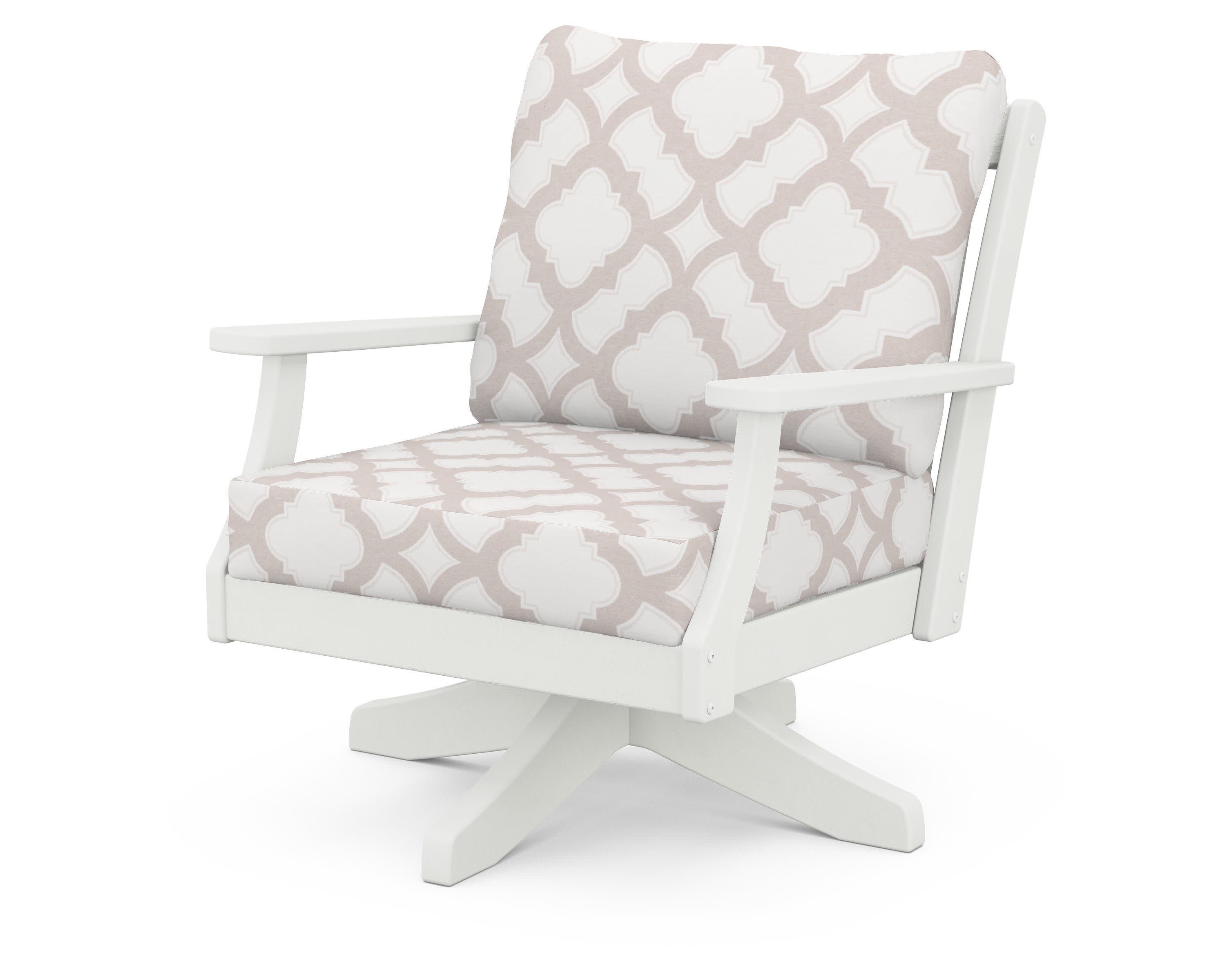 Braxton Deep Seating Swivel Chair in Vintage White / Trellis Dune Burlap