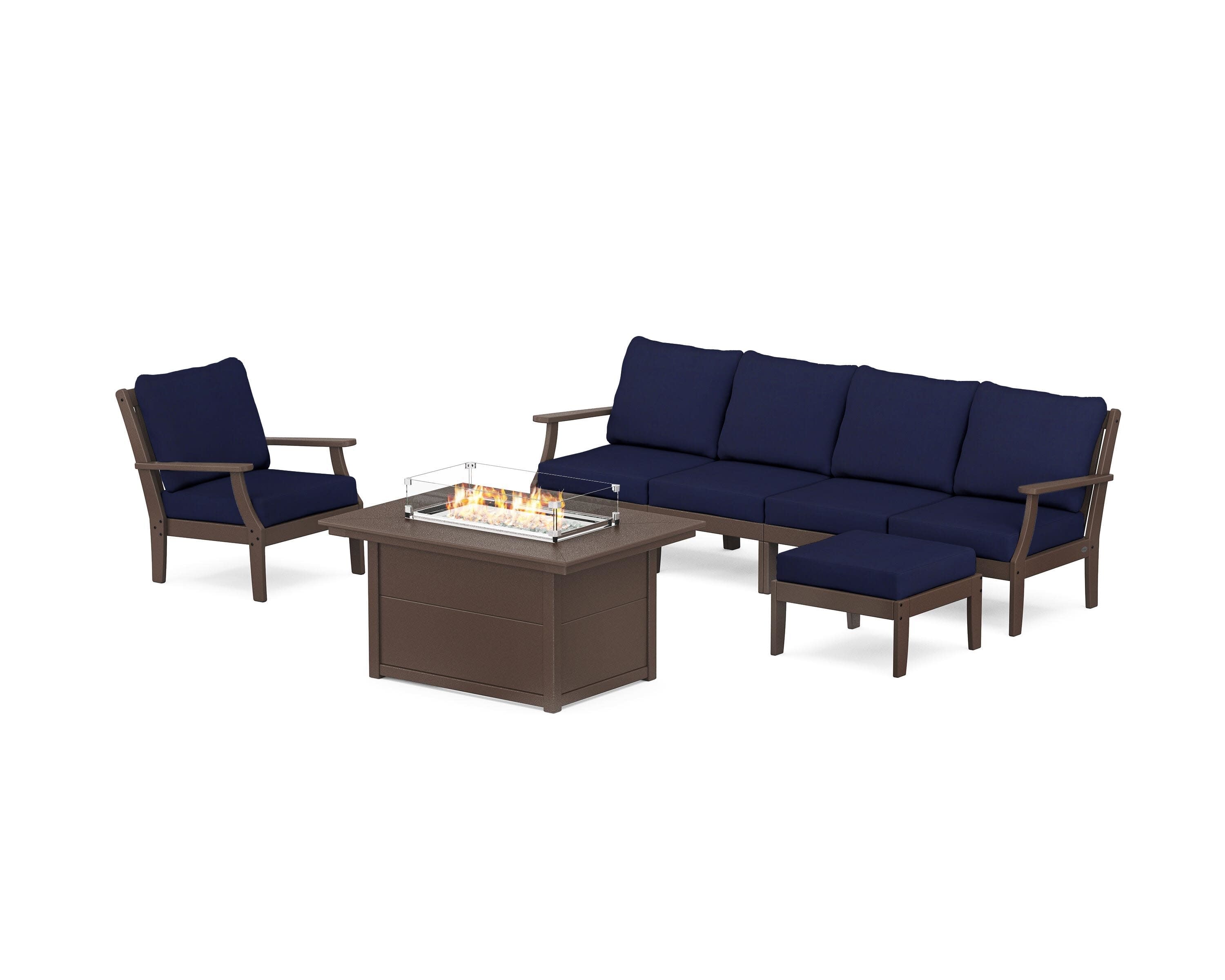 Braxton Sectional Lounge and Fire Pit Set in Mahogany / Navy