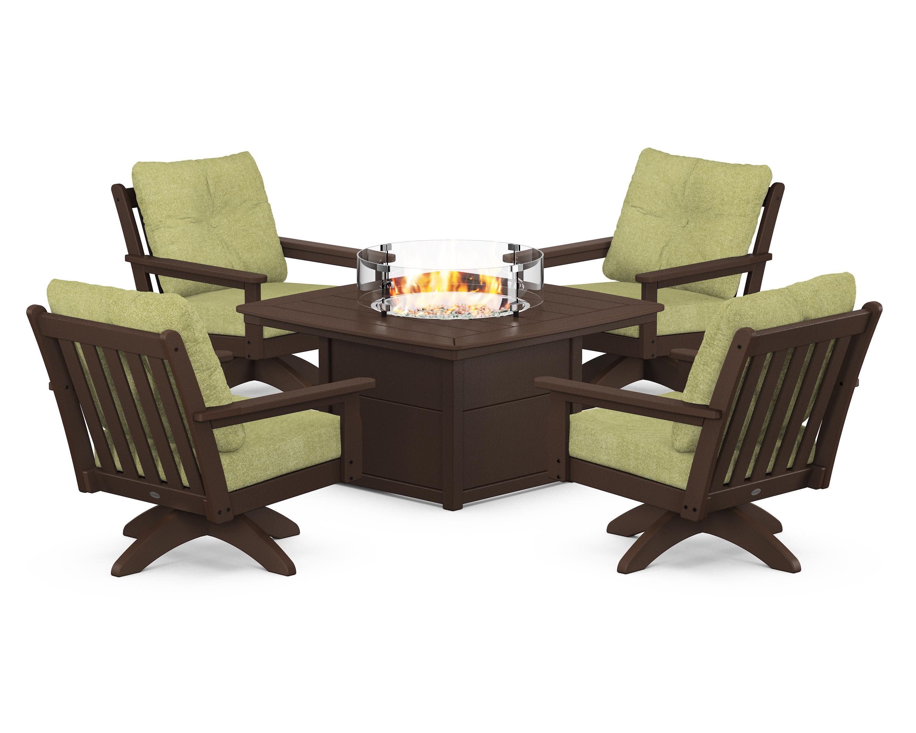 Vineyard 5-Piece Deep Seating Swivel Conversation Set with Fire Pit Table in Mahogany / Chartreuse Boucle