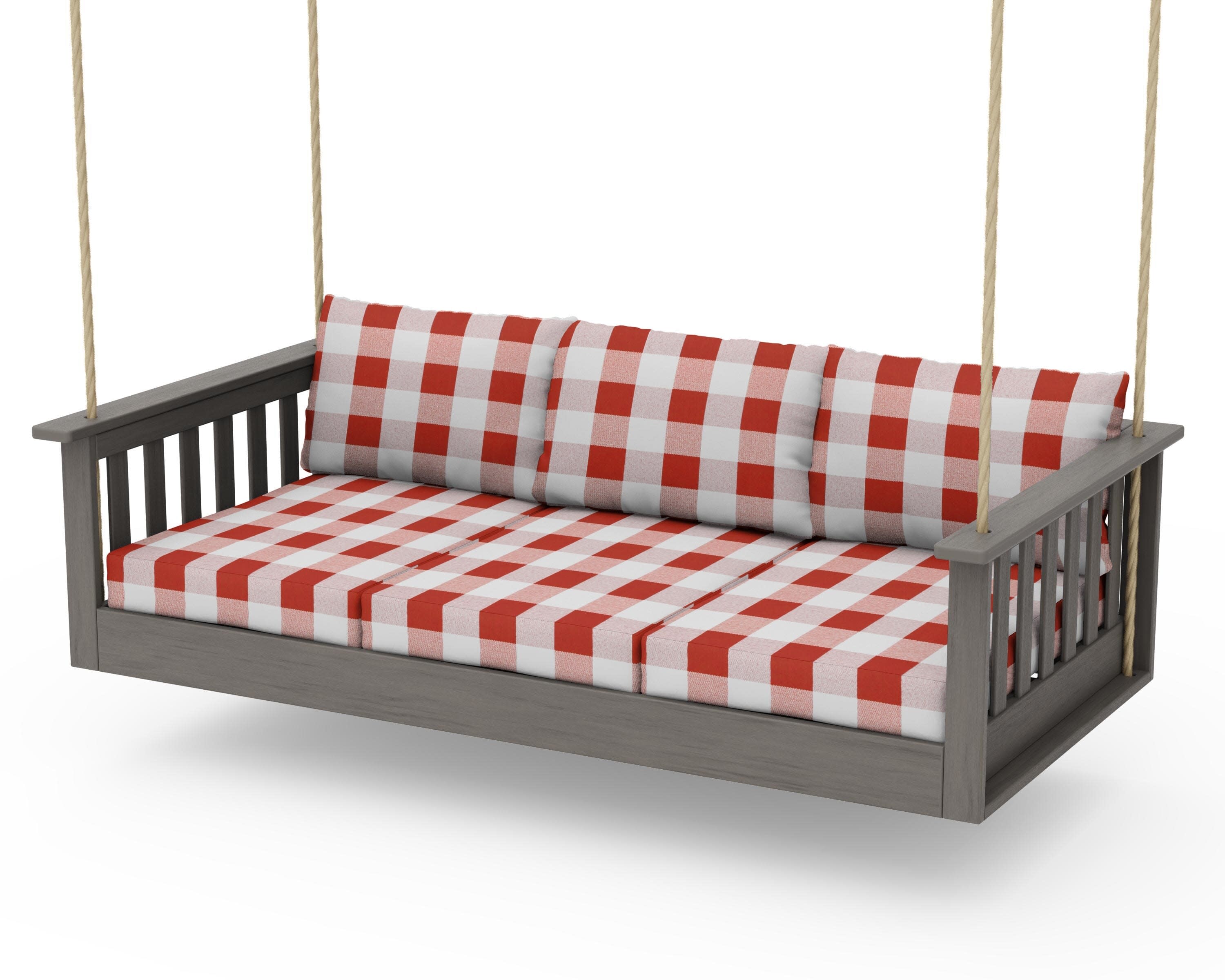 Vineyard Daybed Swing in Driftwood / Buffalo Plaid Crimson