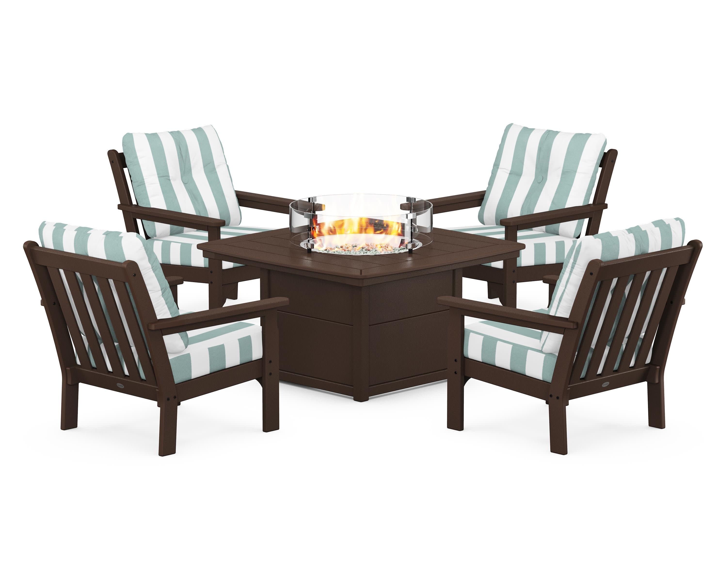 Vineyard 5-Piece Conversation Set with Fire Pit Table in Mahogany / Cabana Stripe Glacier Spa