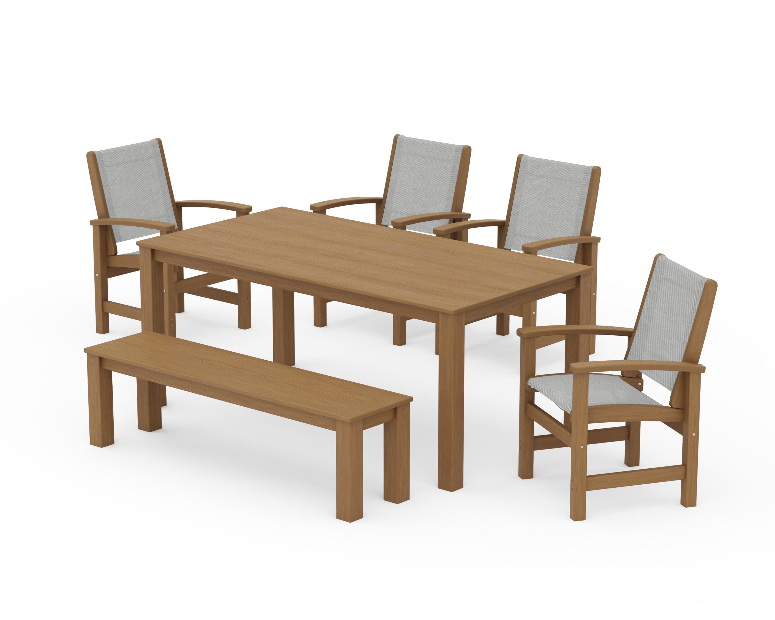 Coastal 6-Piece Parsons Dining Set with Bench in Natural / Metallic Sling