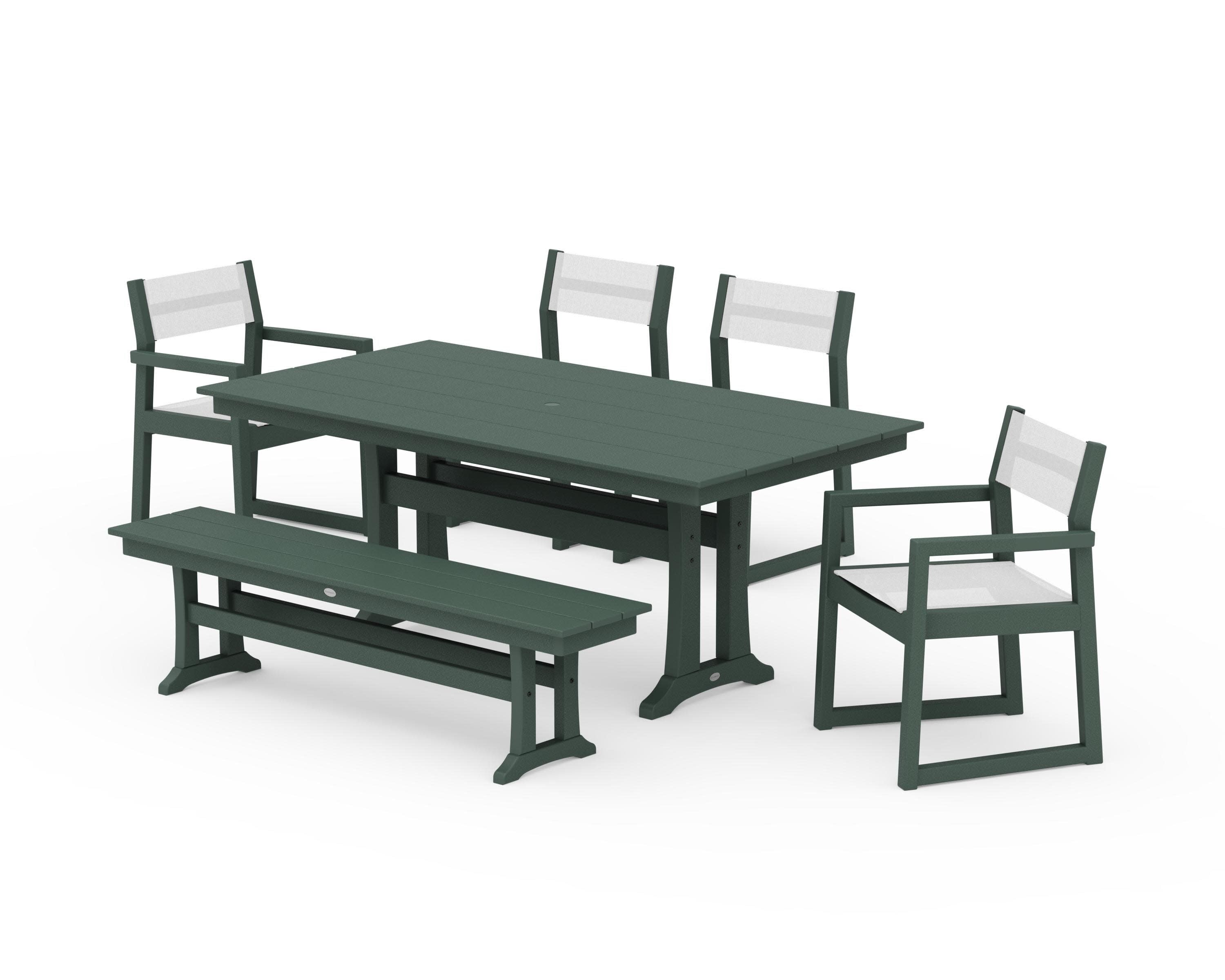 EDGE Sling 6-Piece Farmhouse Dining Set With Trestle Legs in Green / White Sling