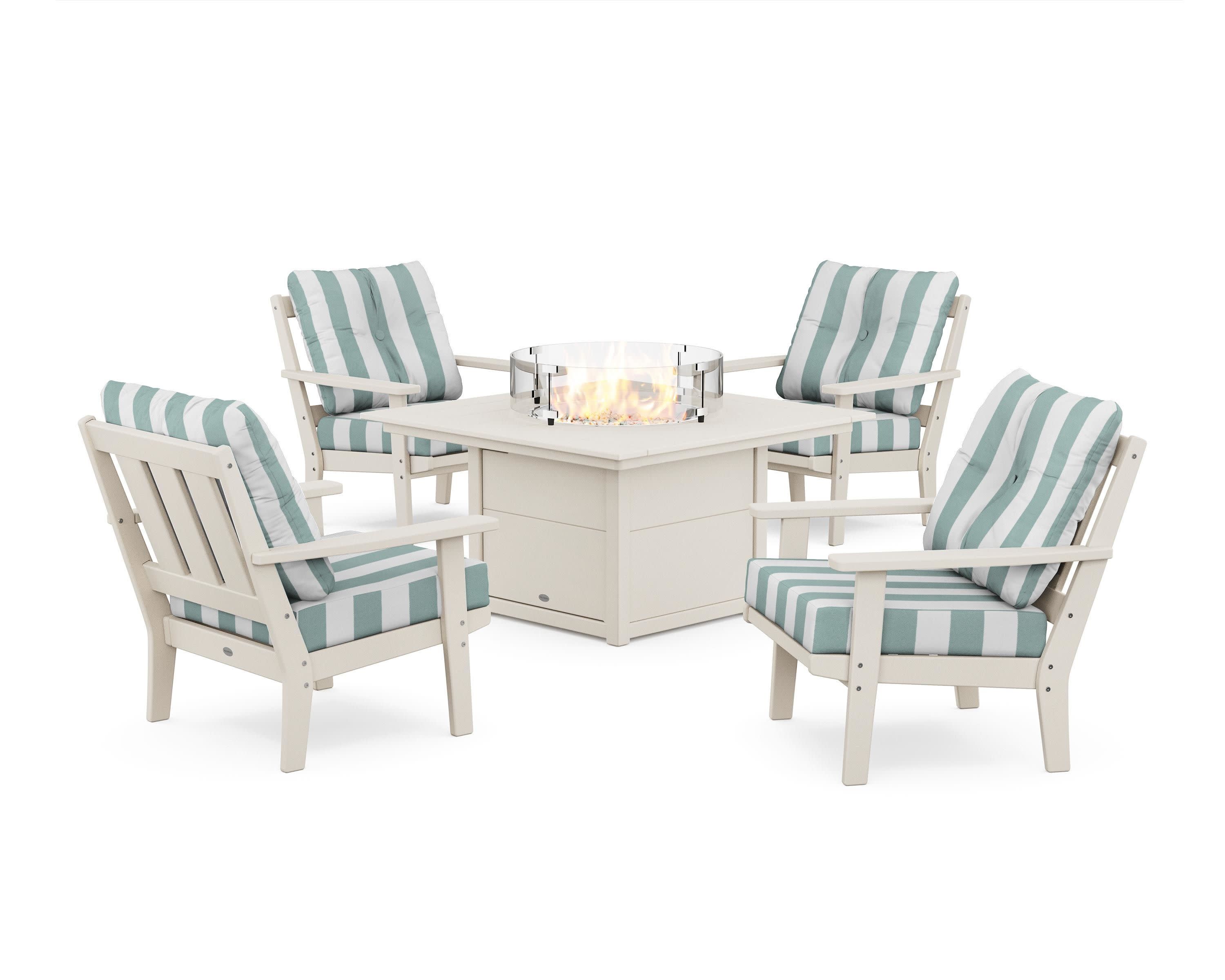 Oxford 5-Piece Deep Seating Set with Fire Pit Table in Sand / Cabana Stripe Glacier Spa