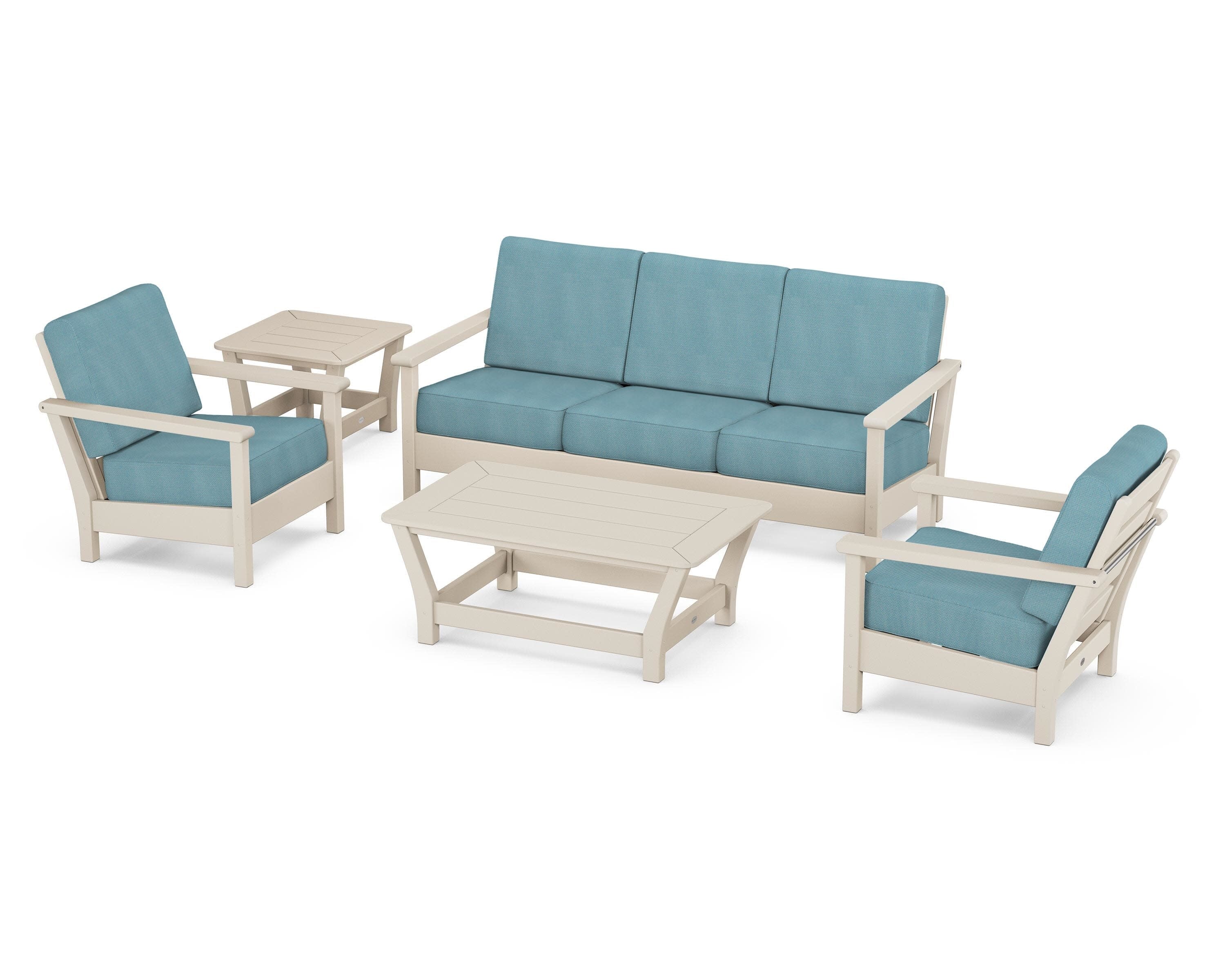 Harbour 5-Piece Deep Seating Set in Sand / Lattice Sky Blue