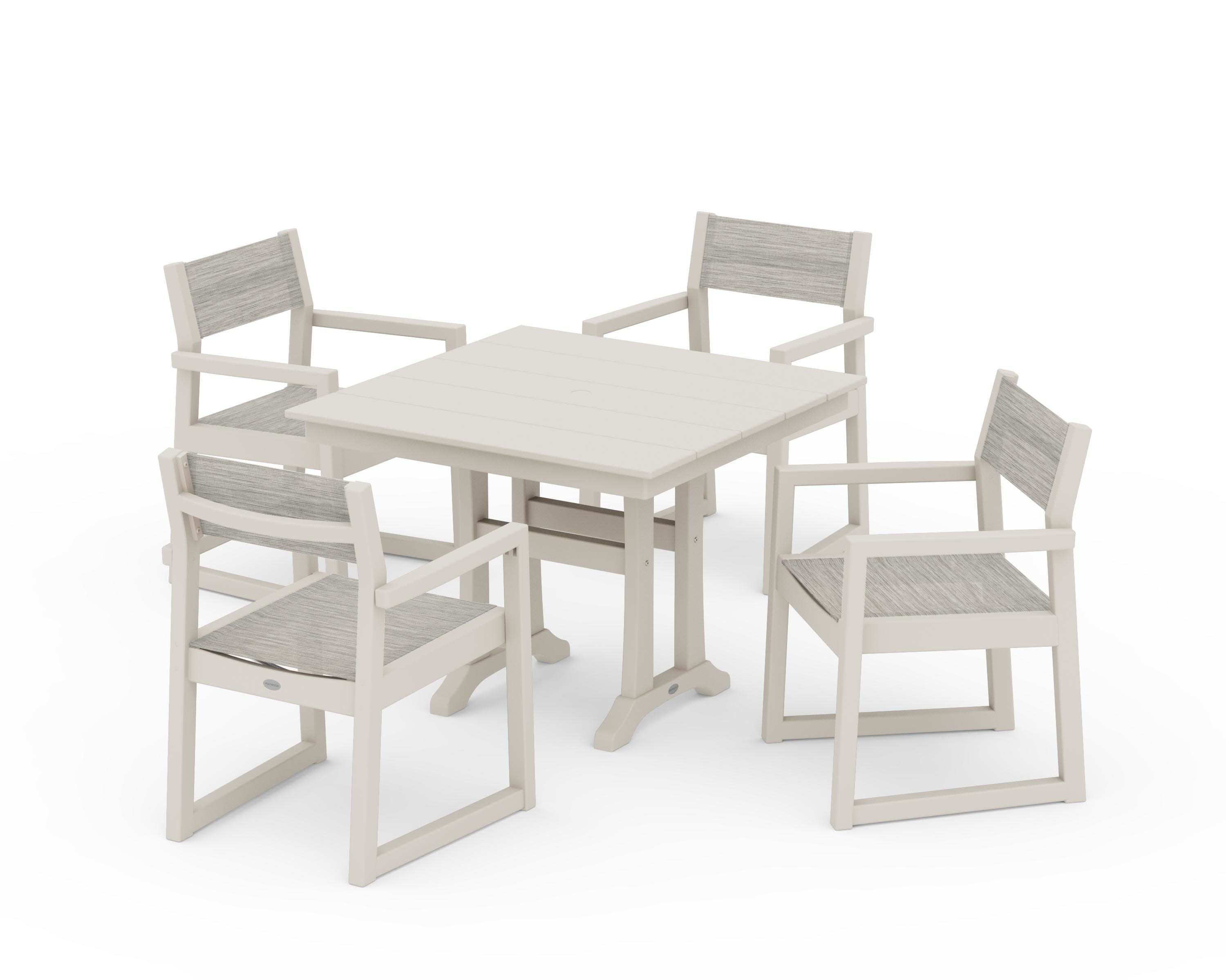 EDGE Sling 5-Piece Farmhouse Dining Set with Trestle Legs in Sand / Birch Sling