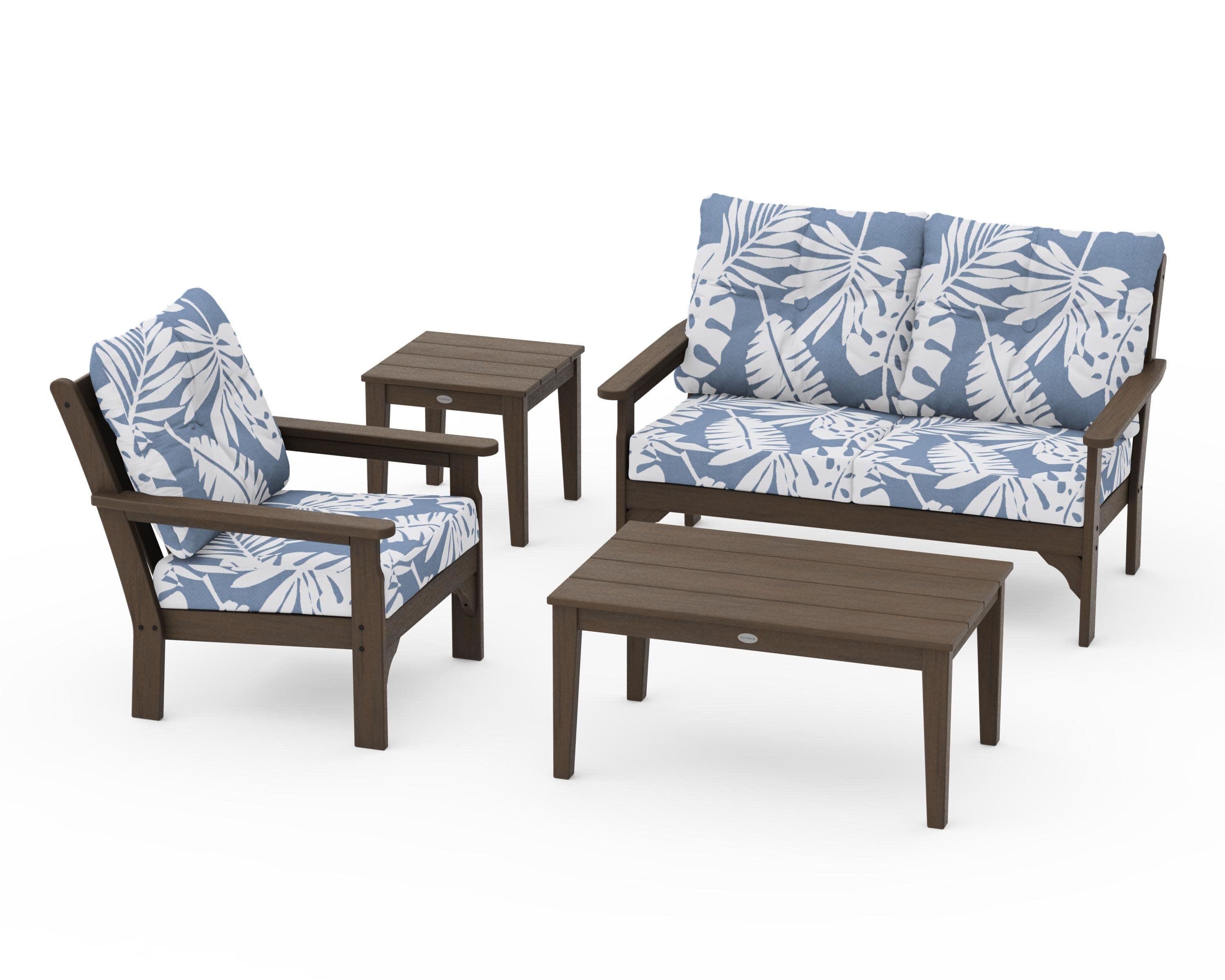 Vineyard 4-Piece Deep Seating Set in Kona / Leaf Sky Blue