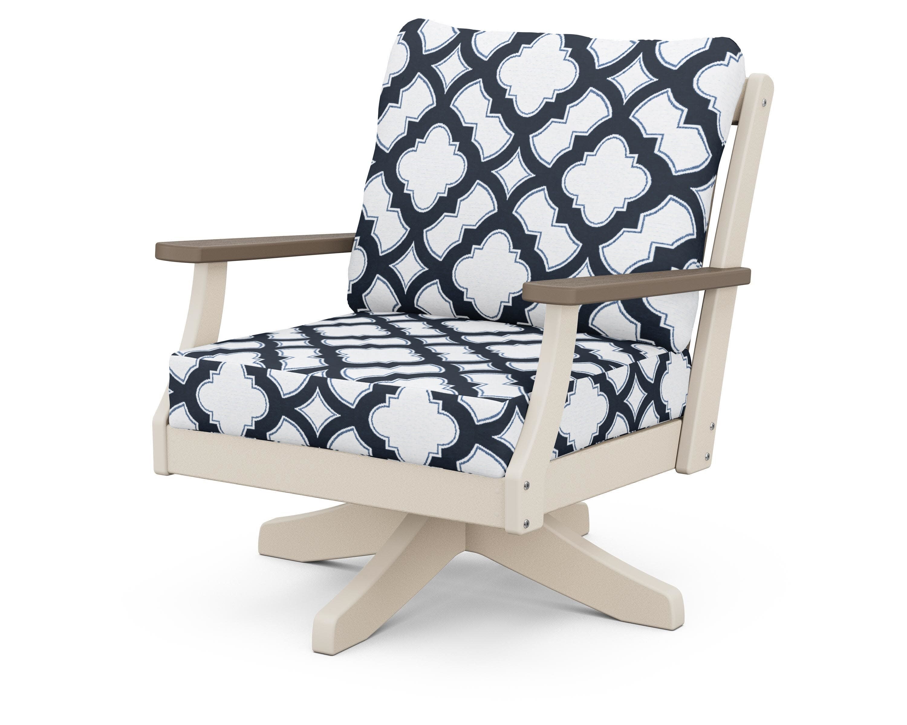 Braxton Deep Seating Swivel Chair in Sand / Kona / Trellis Marine Indigo