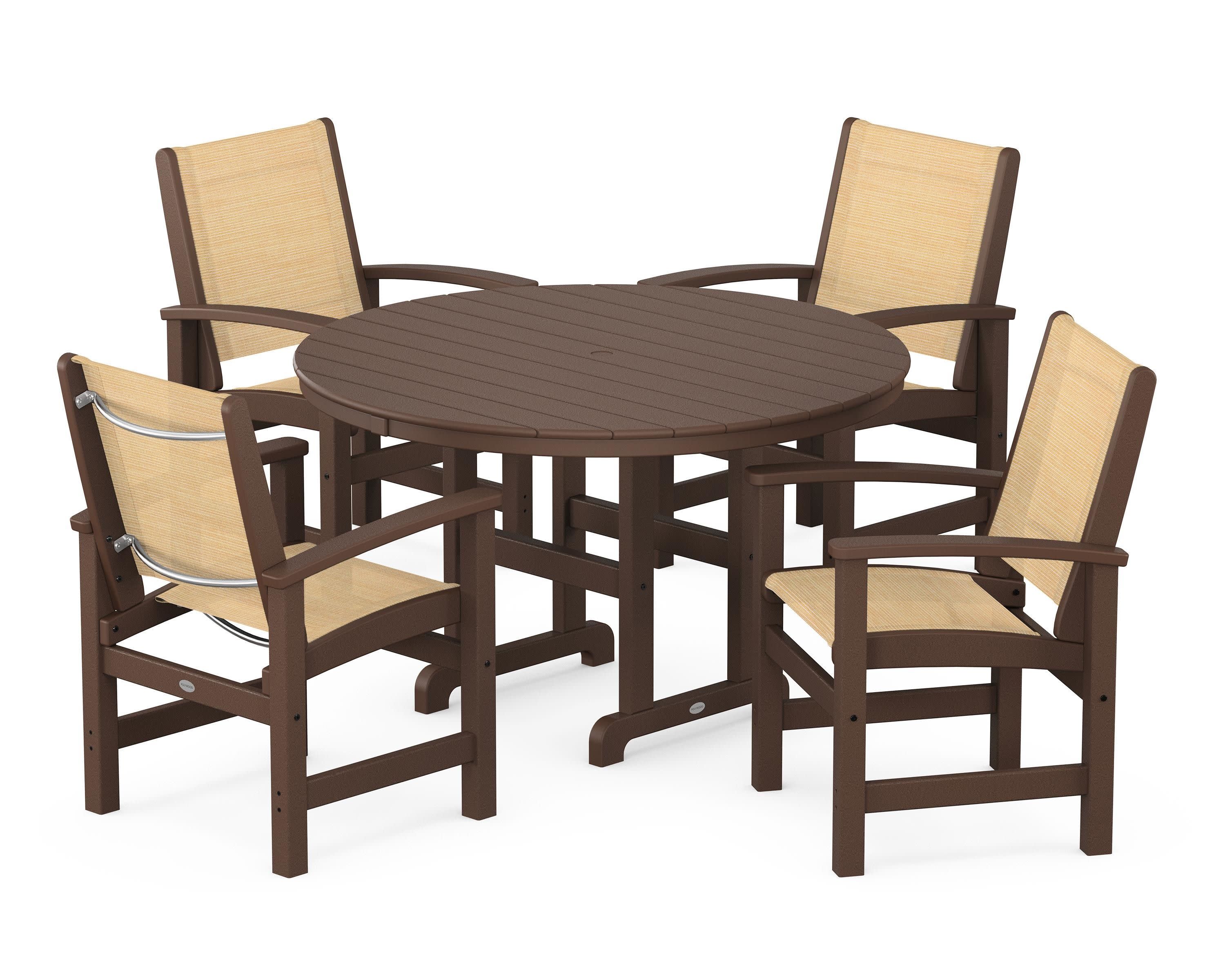Coastal 5-Piece Round Farmhouse Dining Set in Mahogany / Dupioni Apricot Sling