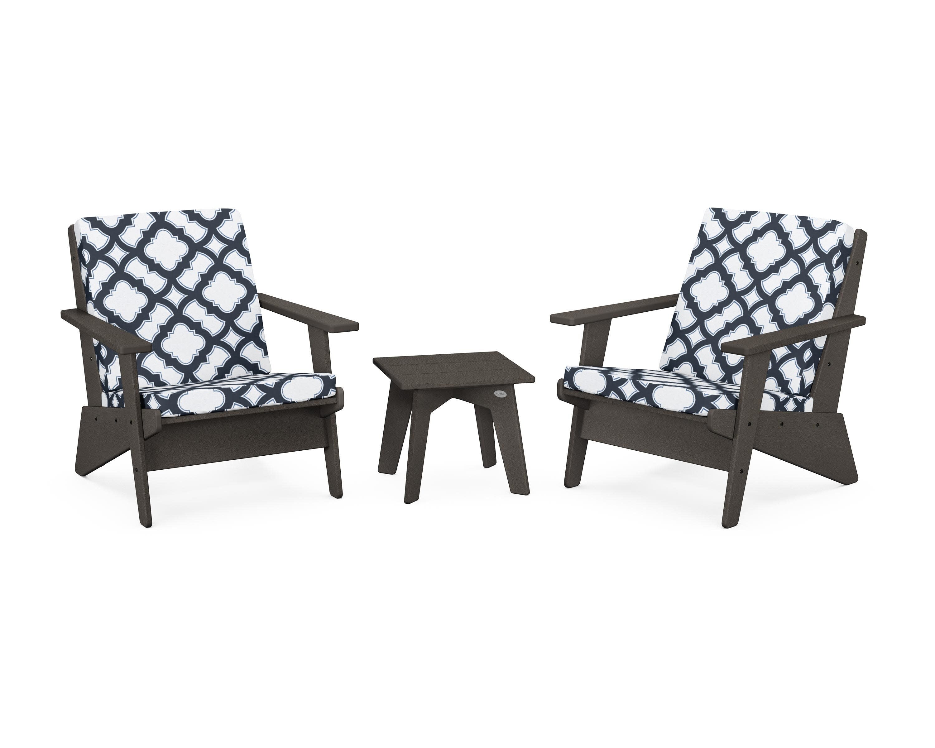 Riviera Modern Lounge 3-Piece Set in Vintage Coffee / Trellis Marine Indigo