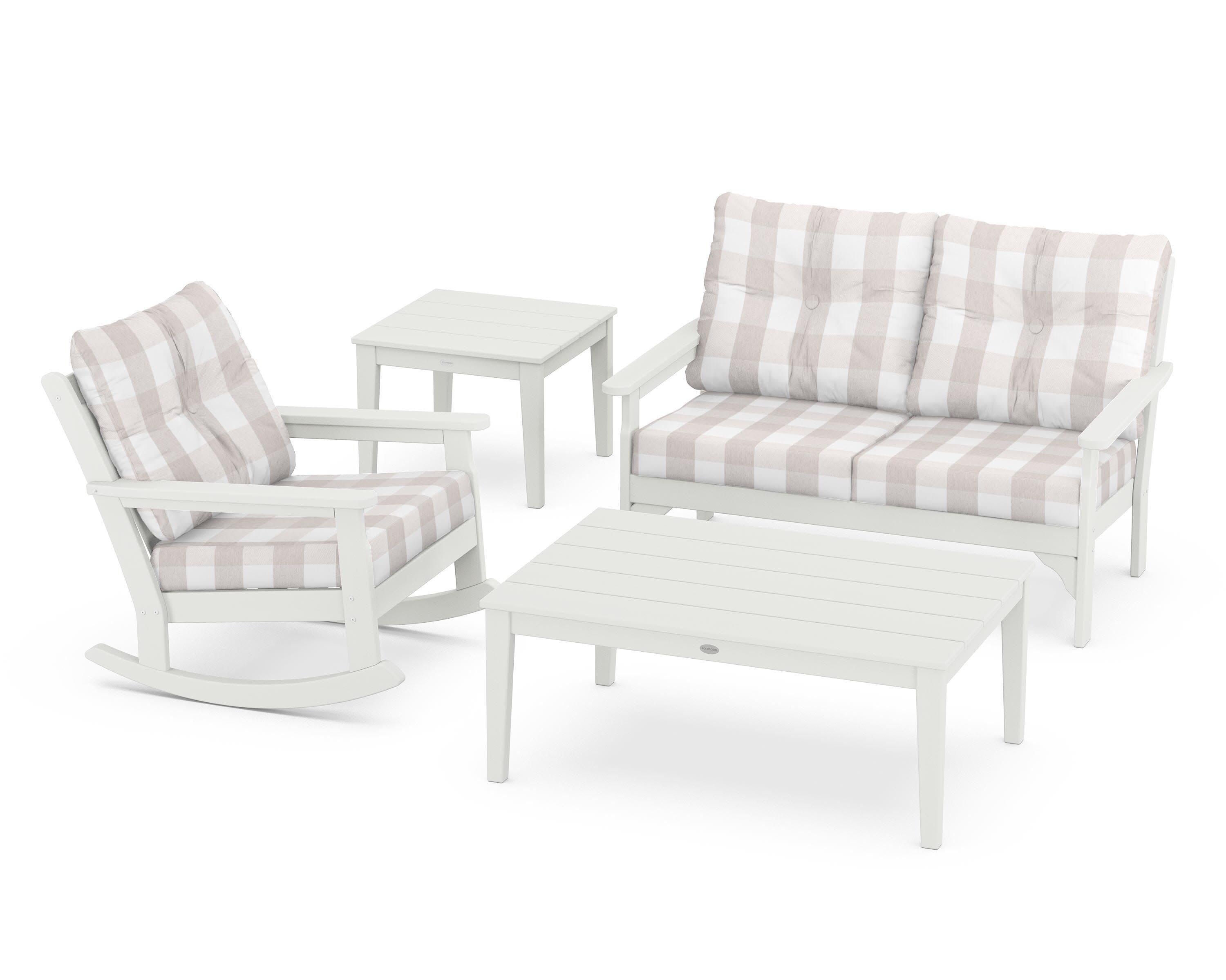 Vineyard 4-Piece Deep Seating Rocker Set in Vintage White / Buffalo Plaid Dune Burlap
