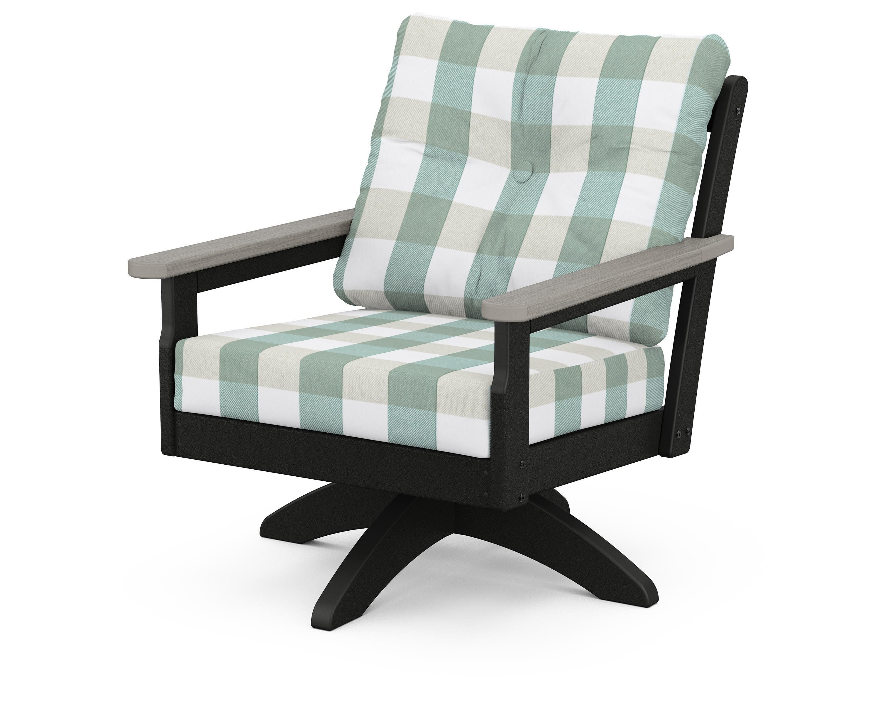 Vineyard Deep Seating Swivel Chair in Black / Driftwood / Buffalo Plaid Glacier Spa