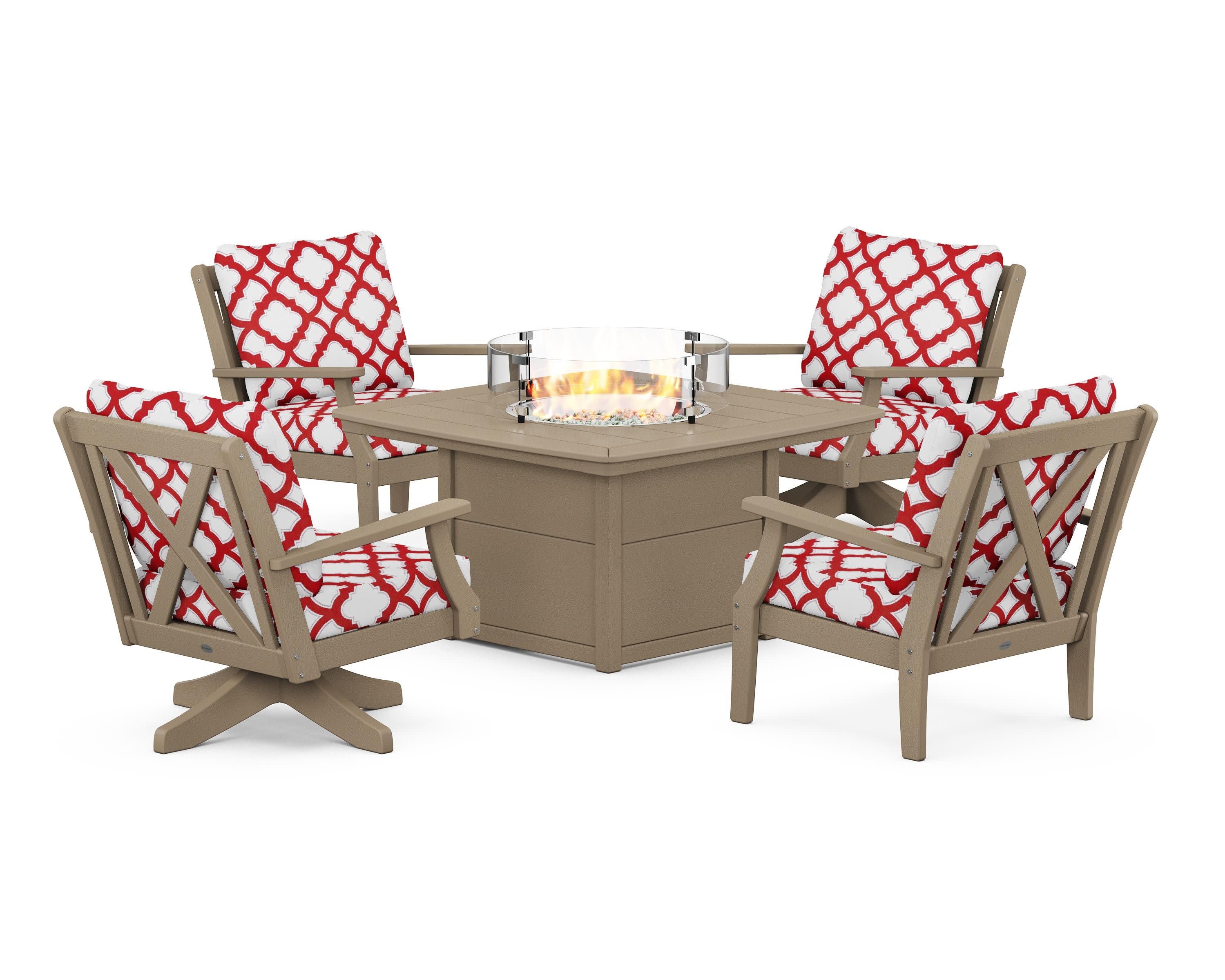 Braxton 5-Piece Deep Seating Set with Fire Table in Vintage Sahara / Trellis Crimson