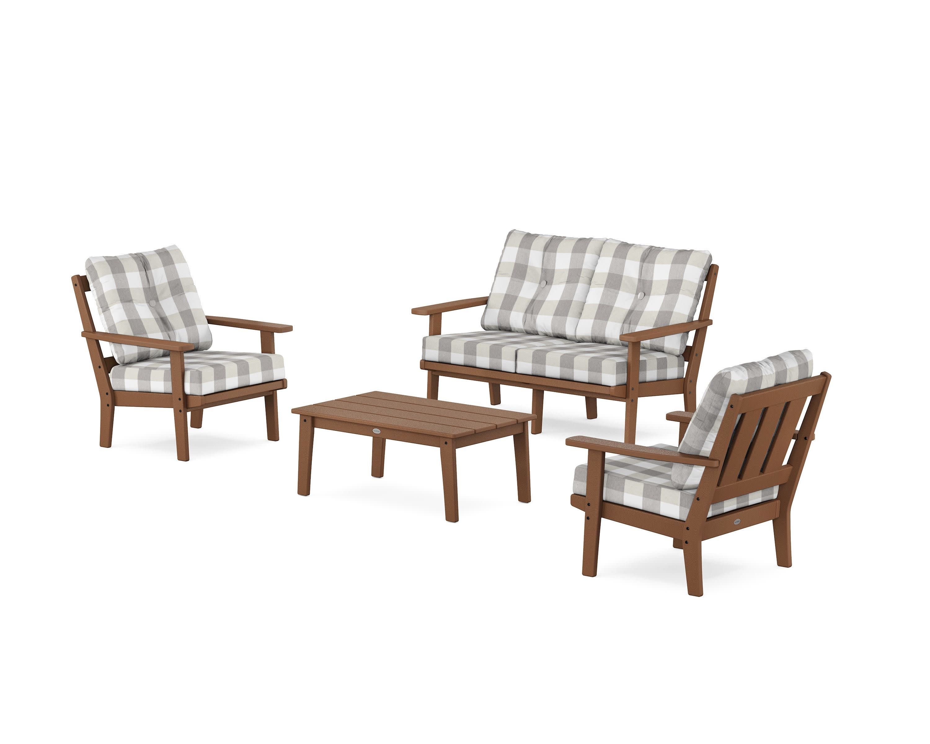 Oxford 4-Piece Deep Seating Set with Loveseat in Teak / Buffalo Plaid Grey Mist