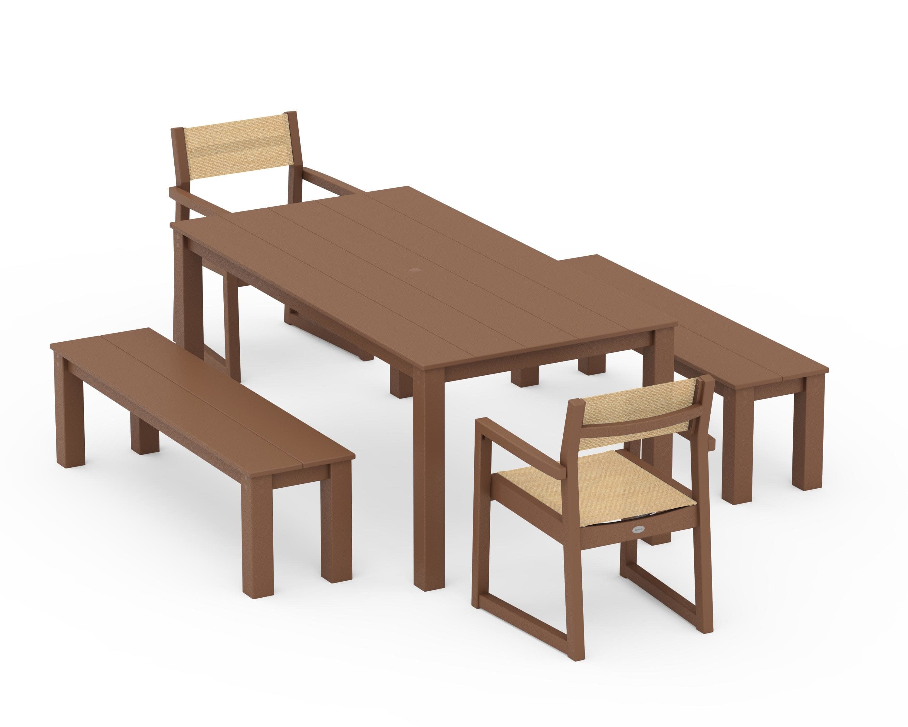 EDGE Sling Arm Chair 5-Piece Parsons Dining Set with Benches in Teak / Dupioni Apricot Sling