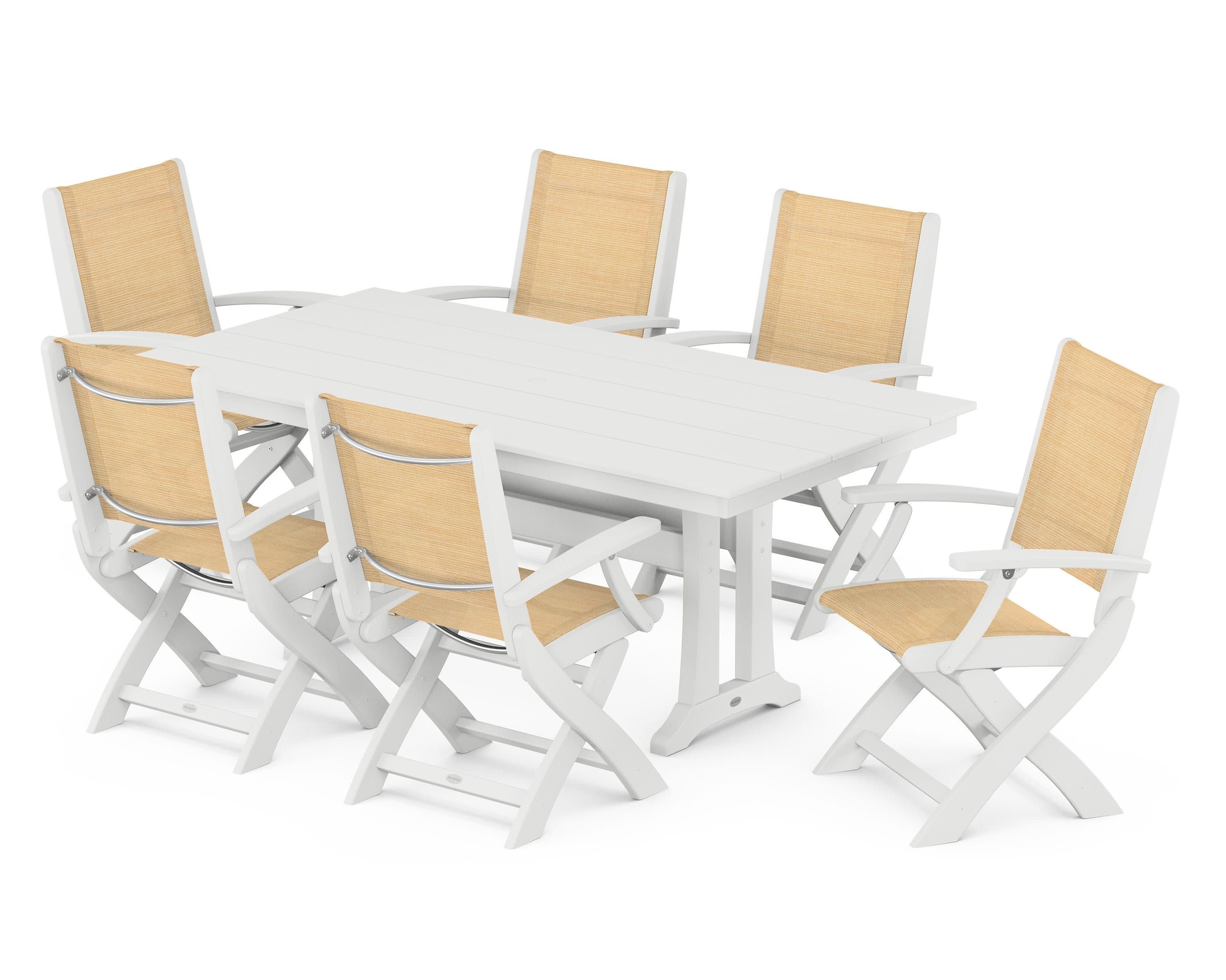 Coastal Folding Arm Chair 7-Piece Farmhouse Dining Set with Trestle Legs in White / Dupioni Apricot Sling