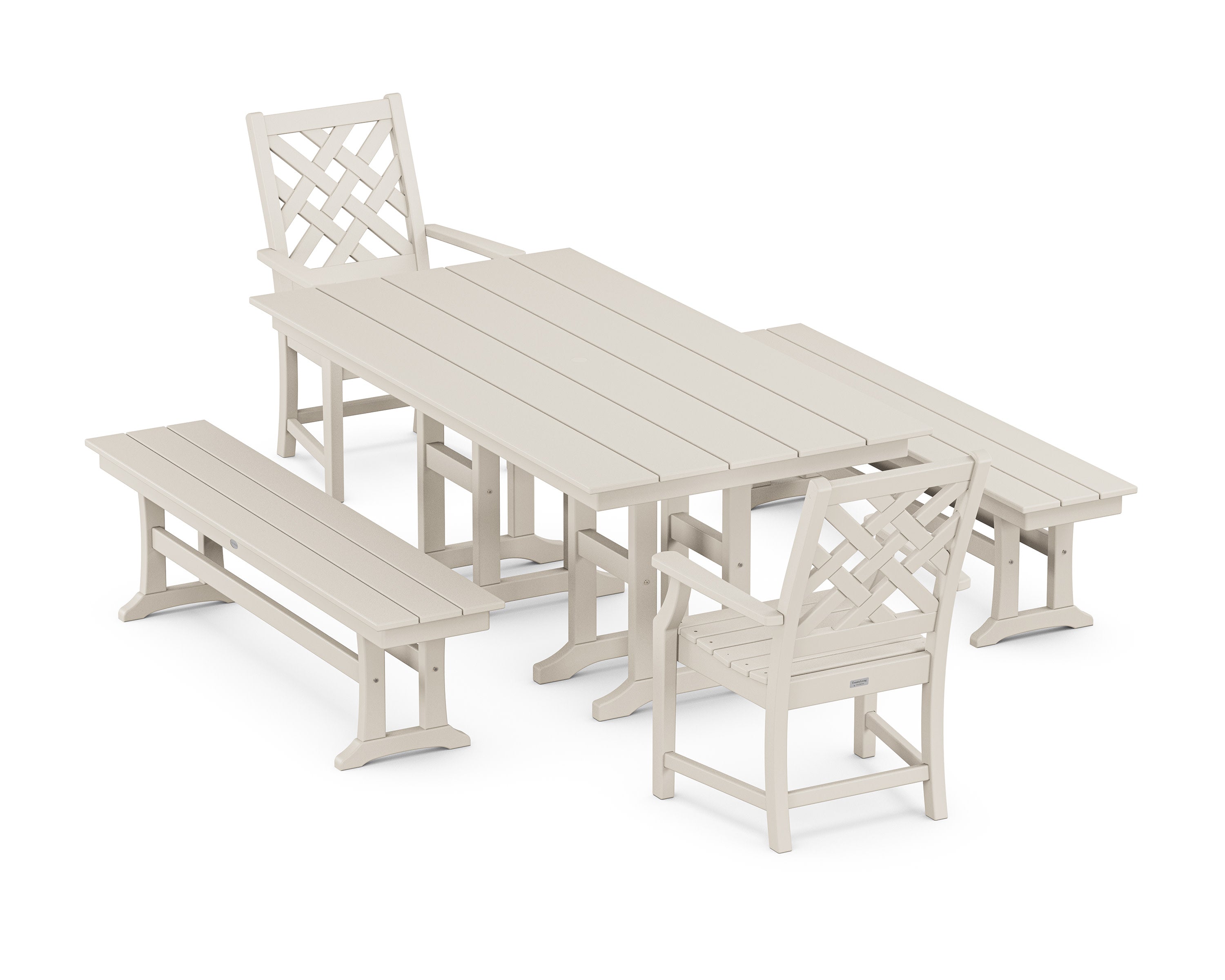 Wovendale 5-Piece Farmhouse Dining Set with Benches in Sand