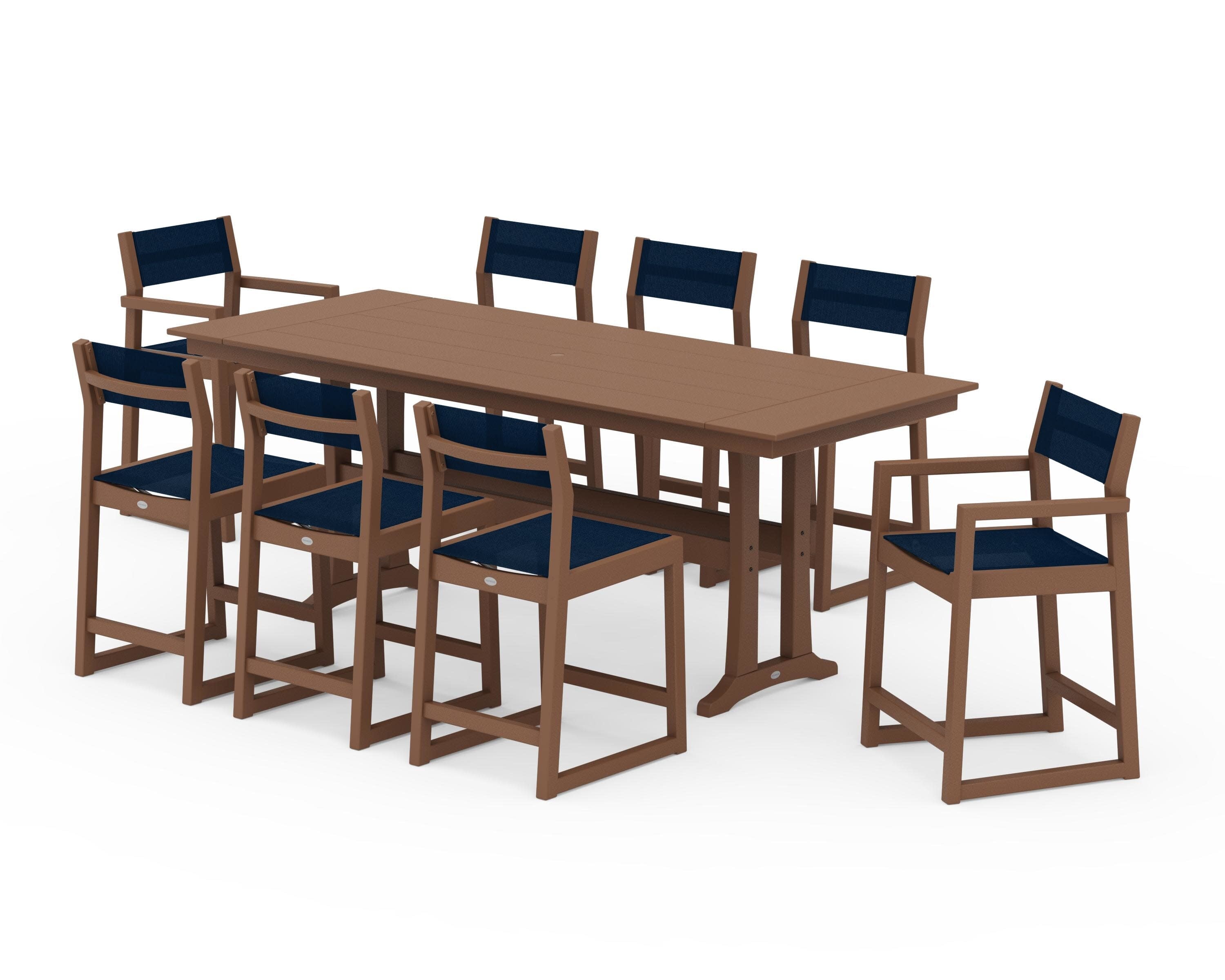 EDGE Sling 9-Piece Farmhouse Counter Set with Trestle Legs in Teak / Navy Blue Sling