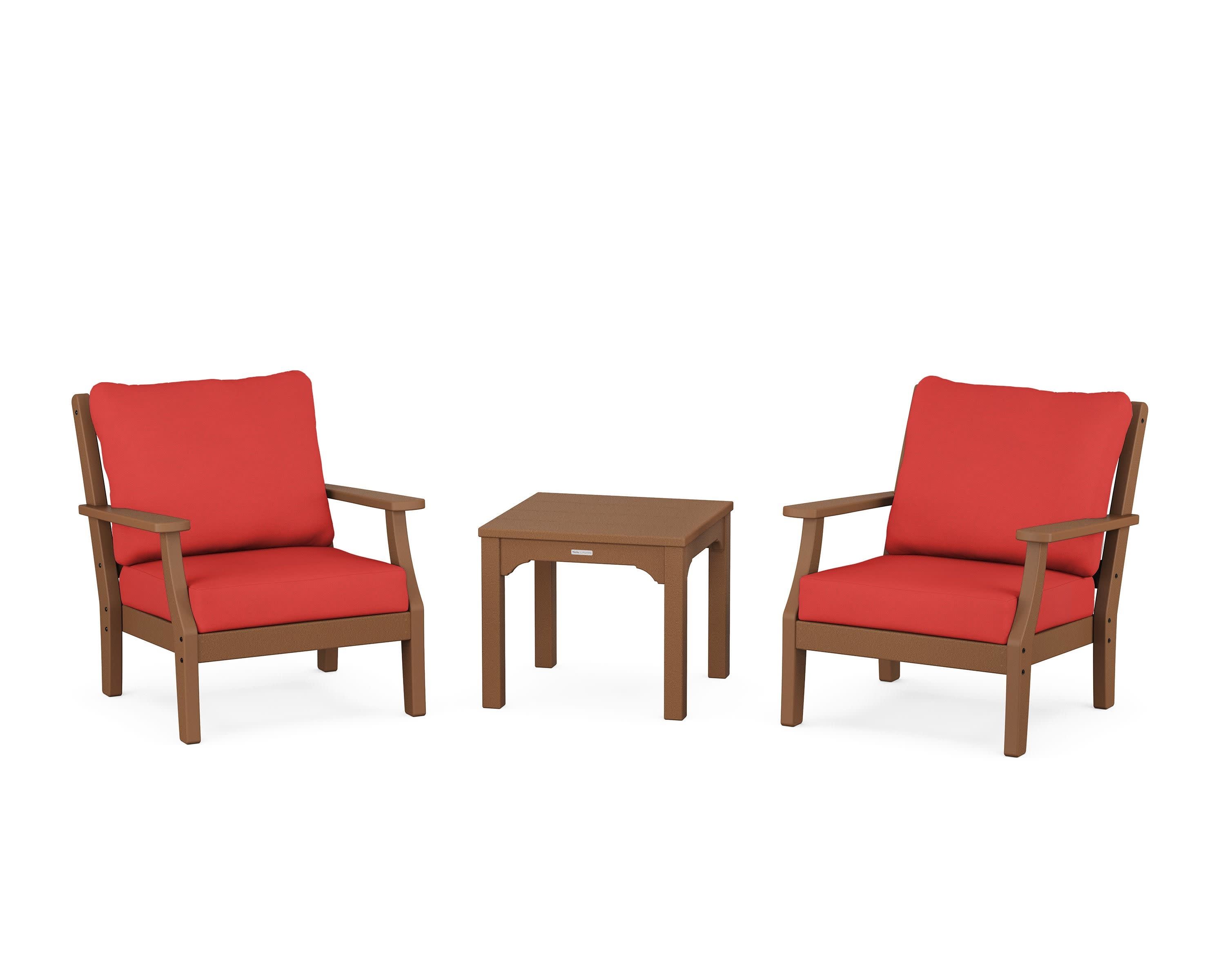 Chinoiserie 3-Piece Deep Seating Set in Teak / Crimson Linen