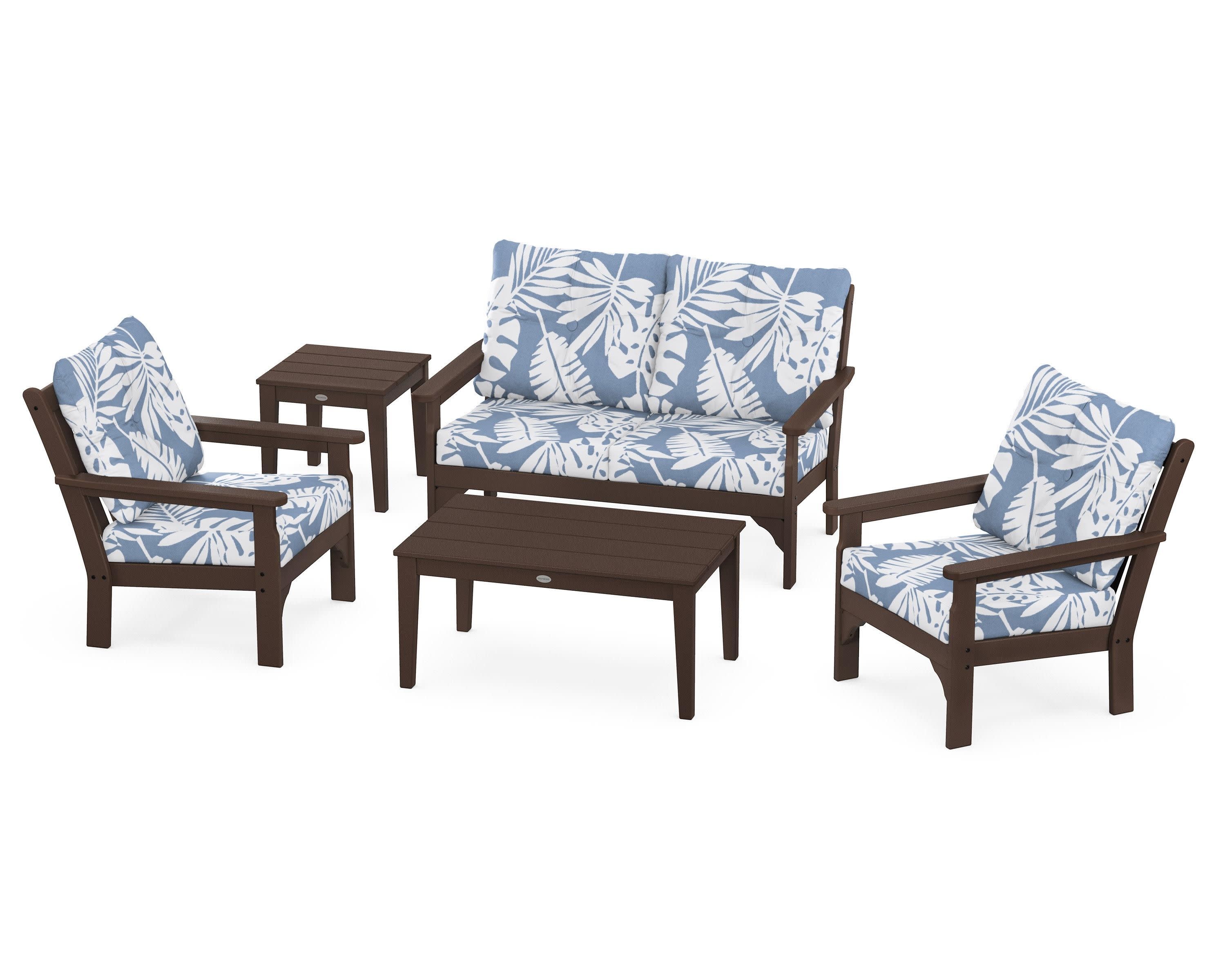 Vineyard 5-Piece Deep Seating Set in Mahogany / Leaf Sky Blue