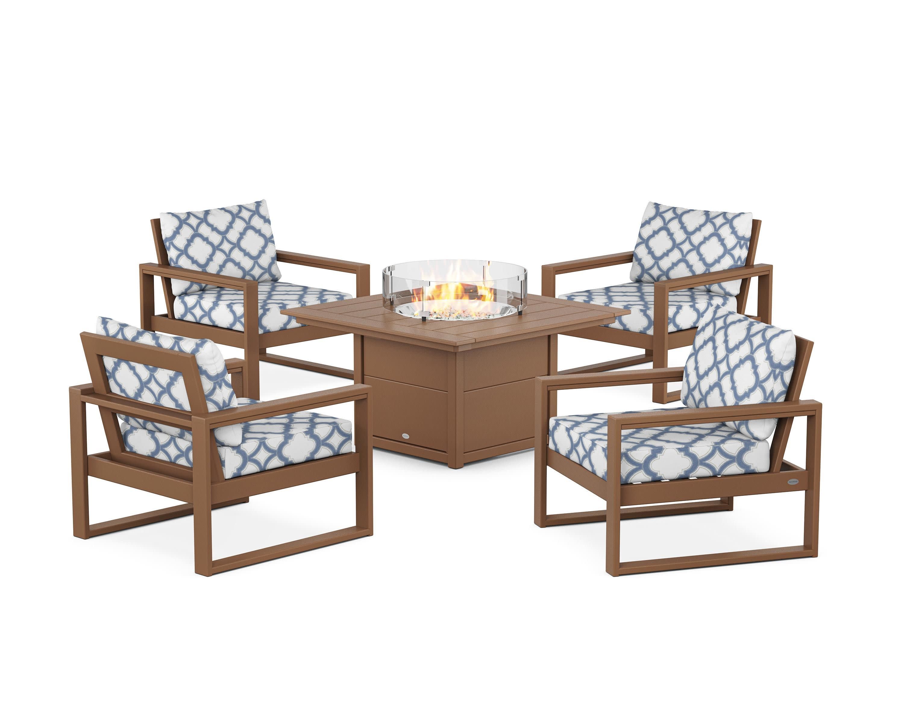EDGE Sectional 5-Piece Deep Seating Set with Fire Pit Table in Teak / Trellis Sky Blue
