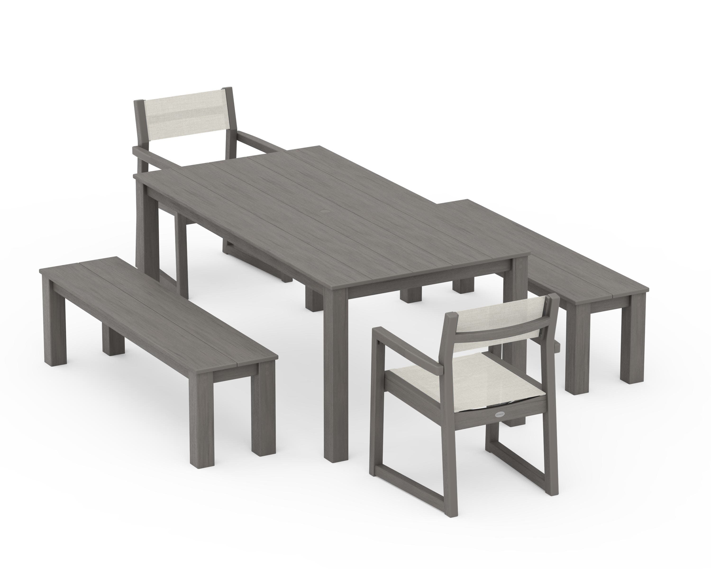 EDGE Sling Arm Chair 5-Piece Parsons Dining Set with Benches in Driftwood / Parchment Sling