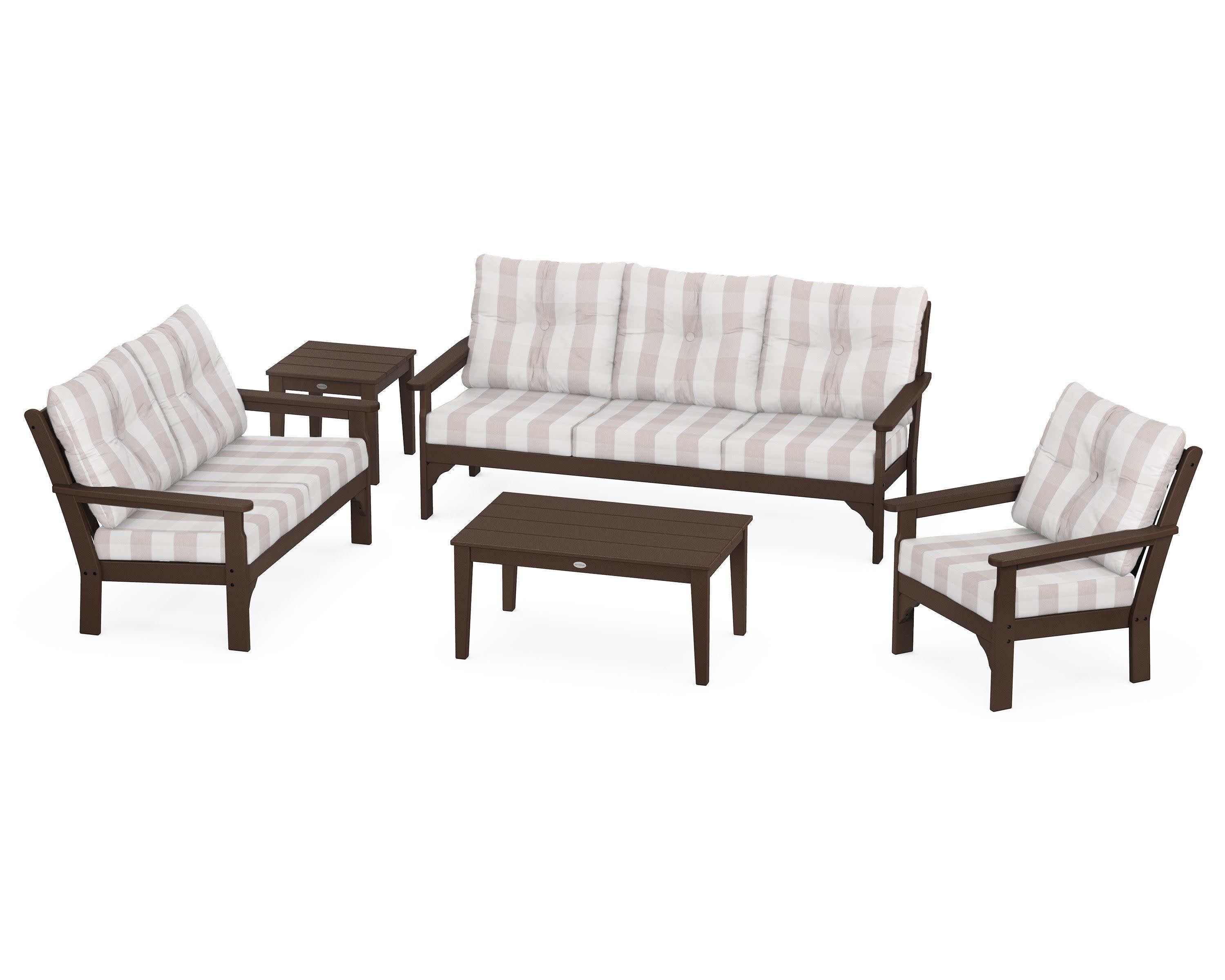 Vineyard 5 Piece Deep Seating Set in Mahogany / Buffalo Plaid Dune Burlap