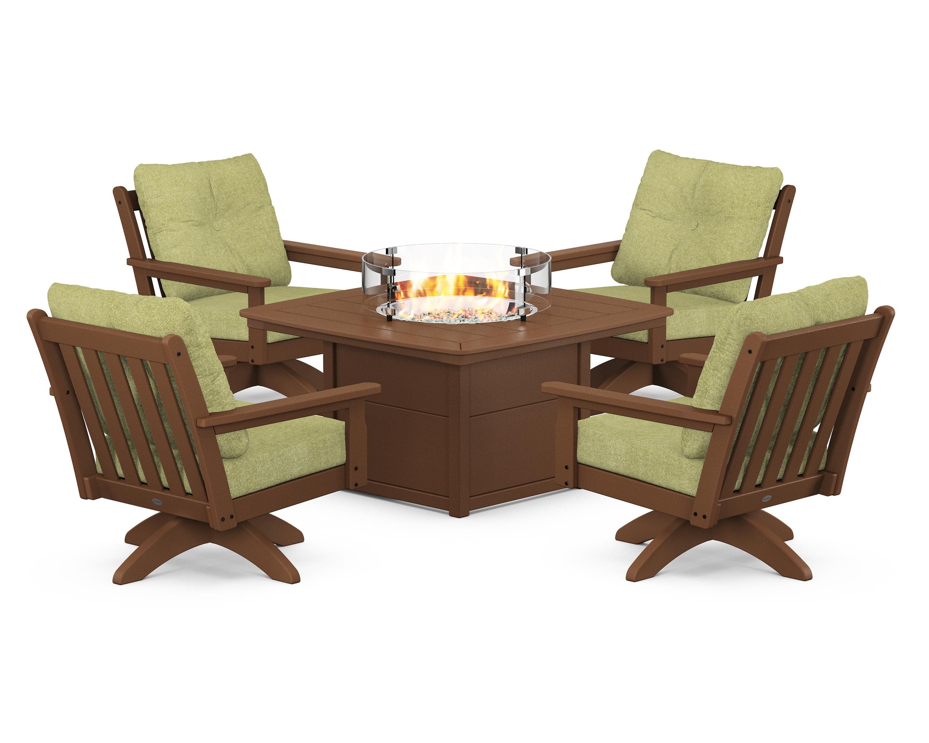 Vineyard 5-Piece Deep Seating Swivel Conversation Set with Fire Pit Table in Teak / Chartreuse Boucle