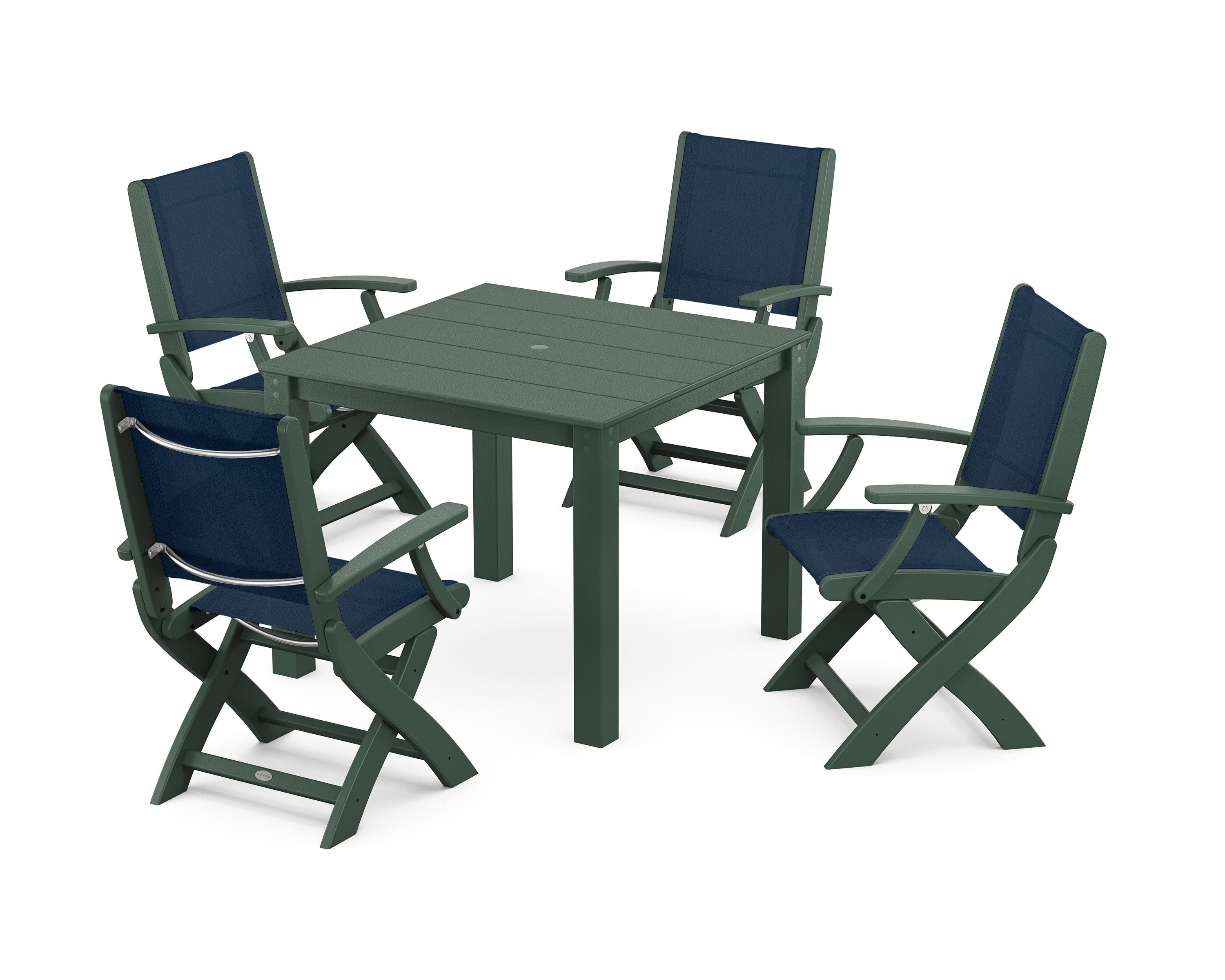 Coastal Folding Chair 5-Piece Parsons Dining Set in Green / Navy Blue Sling