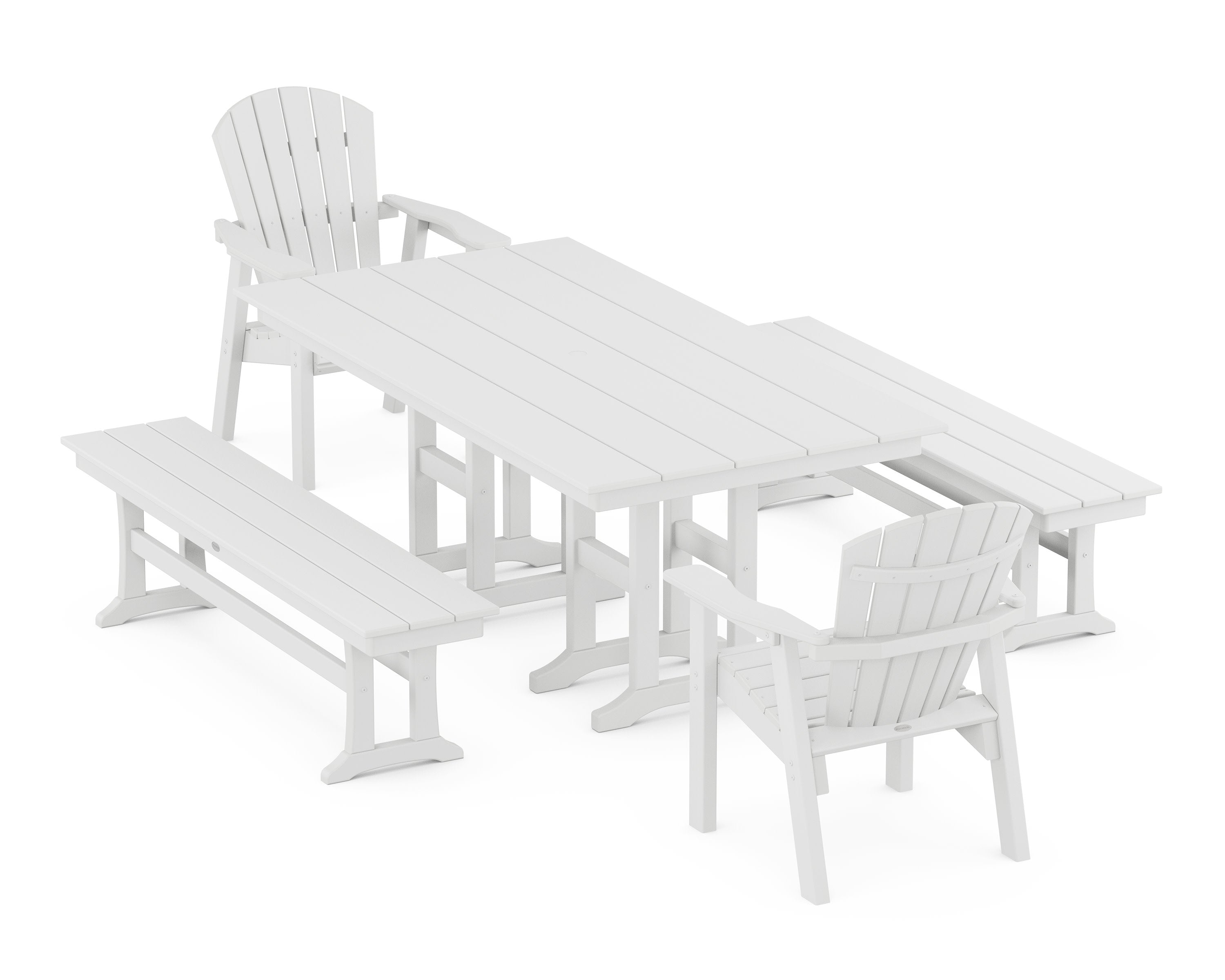 Seashell 5-Piece Farmhouse Dining Set with Benches in White