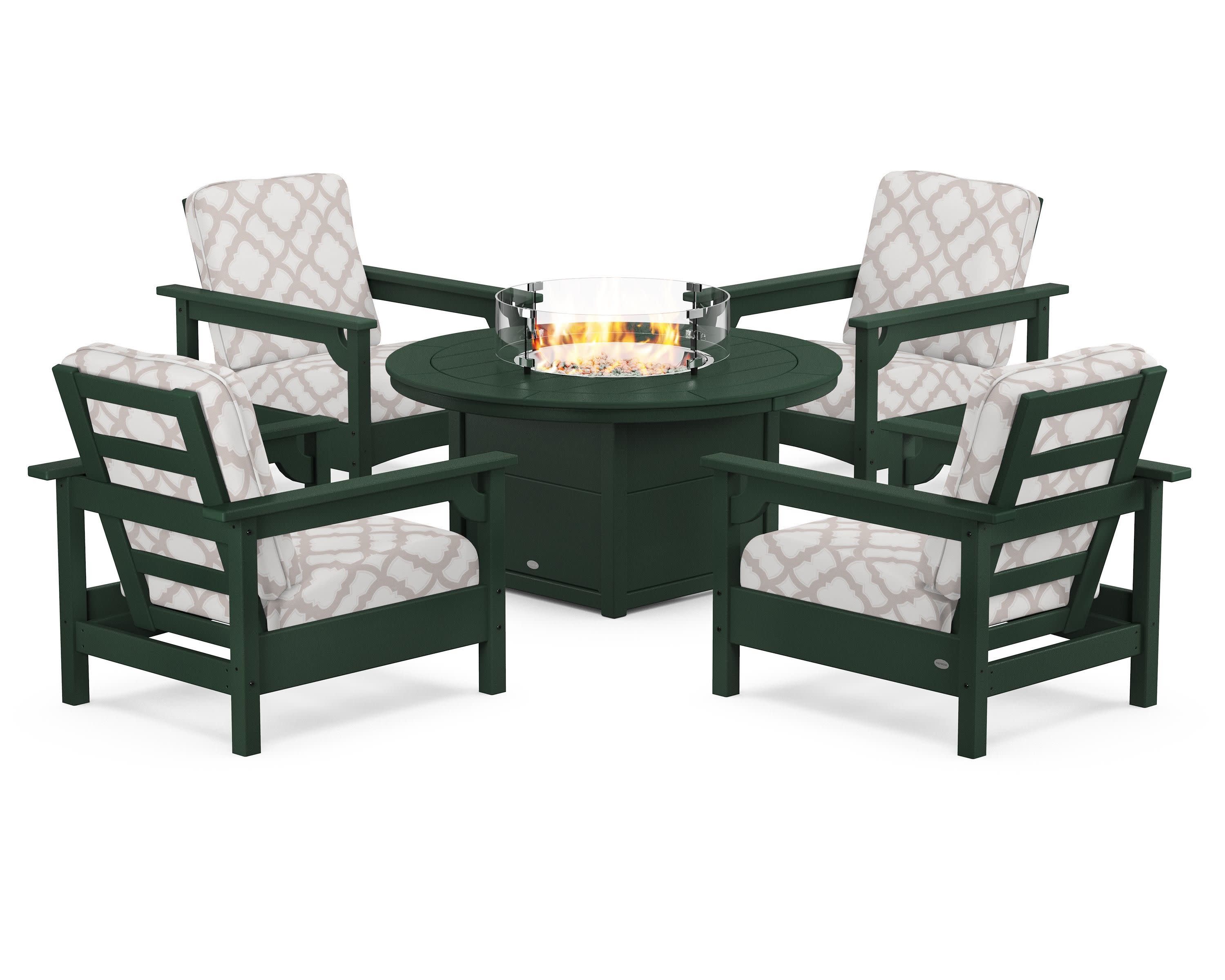 Club 5-Piece Conversation Set with Fire Pit Table in Green / Trellis Dune Burlap