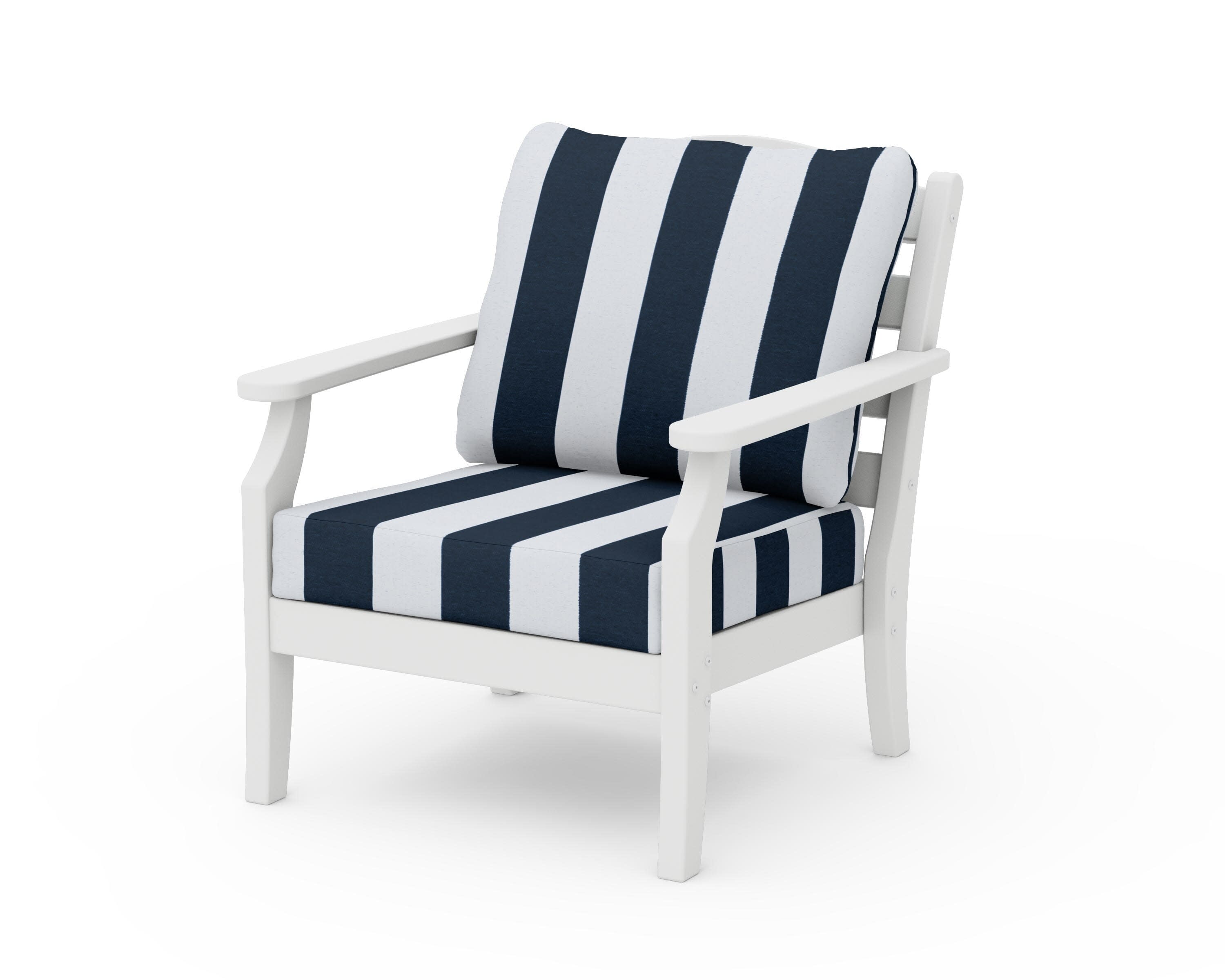 Savannah Deep Seating Chair in White / Cabana Stripe Marine Indigo