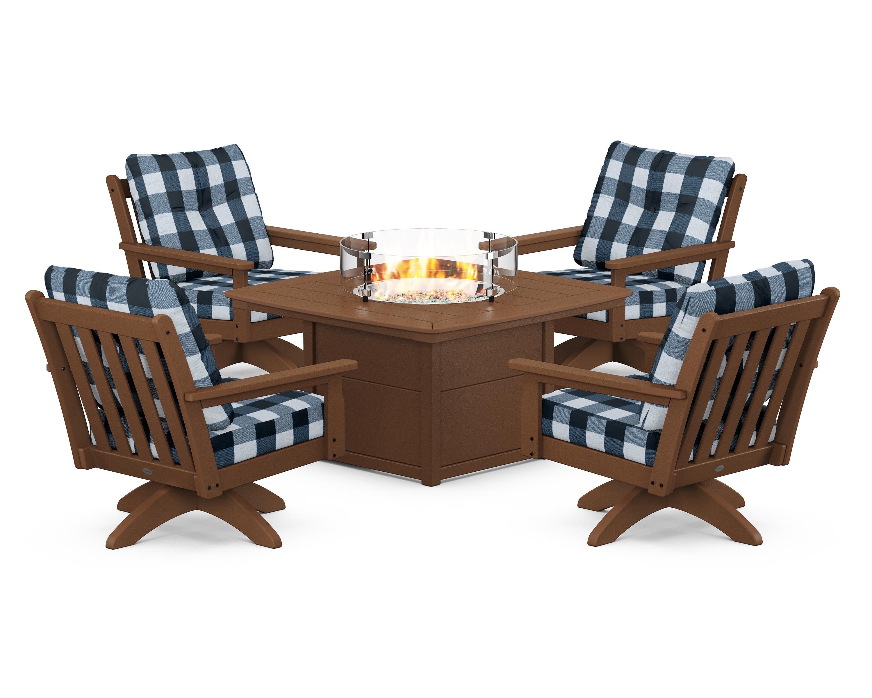 Vineyard 5-Piece Deep Seating Swivel Conversation Set with Fire Pit Table in Teak / Buffalo Plaid Marine Indigo