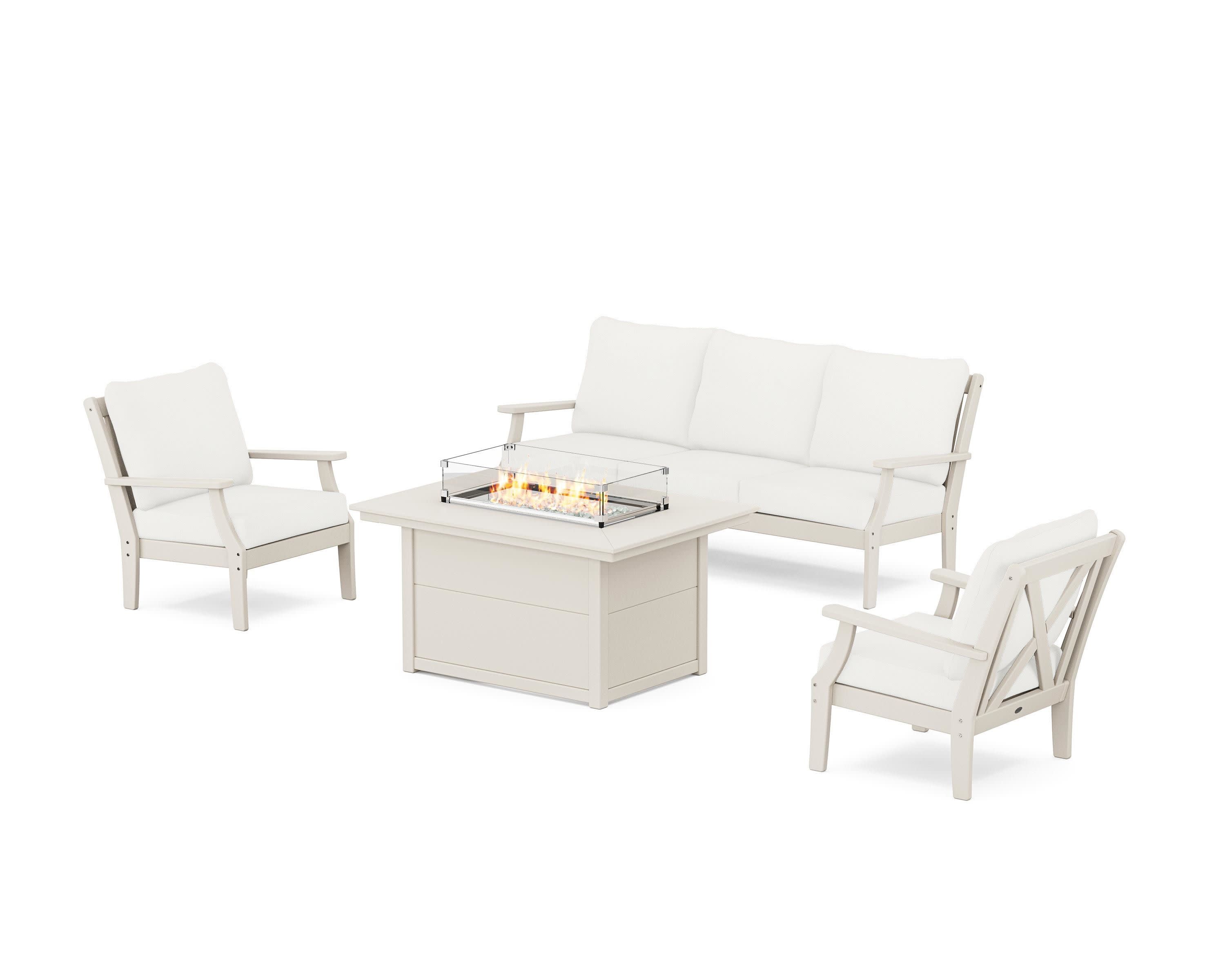 Braxton Deep Seating Fire Pit Table Set in Sand / Natural Linen