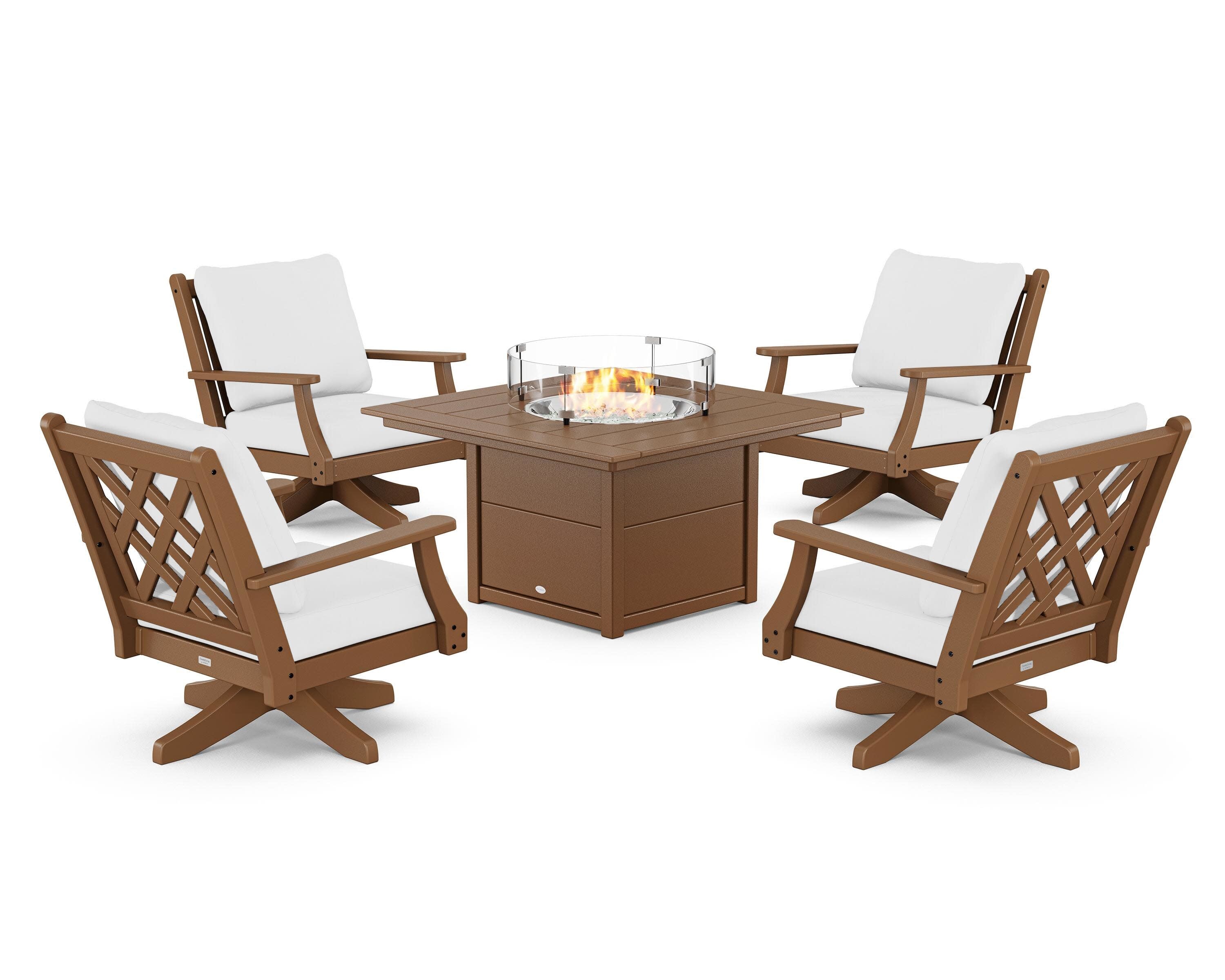 Wovendale 5-Piece Deep Seating Swivel Conversation Set with Fire Pit Table in Teak / Natural