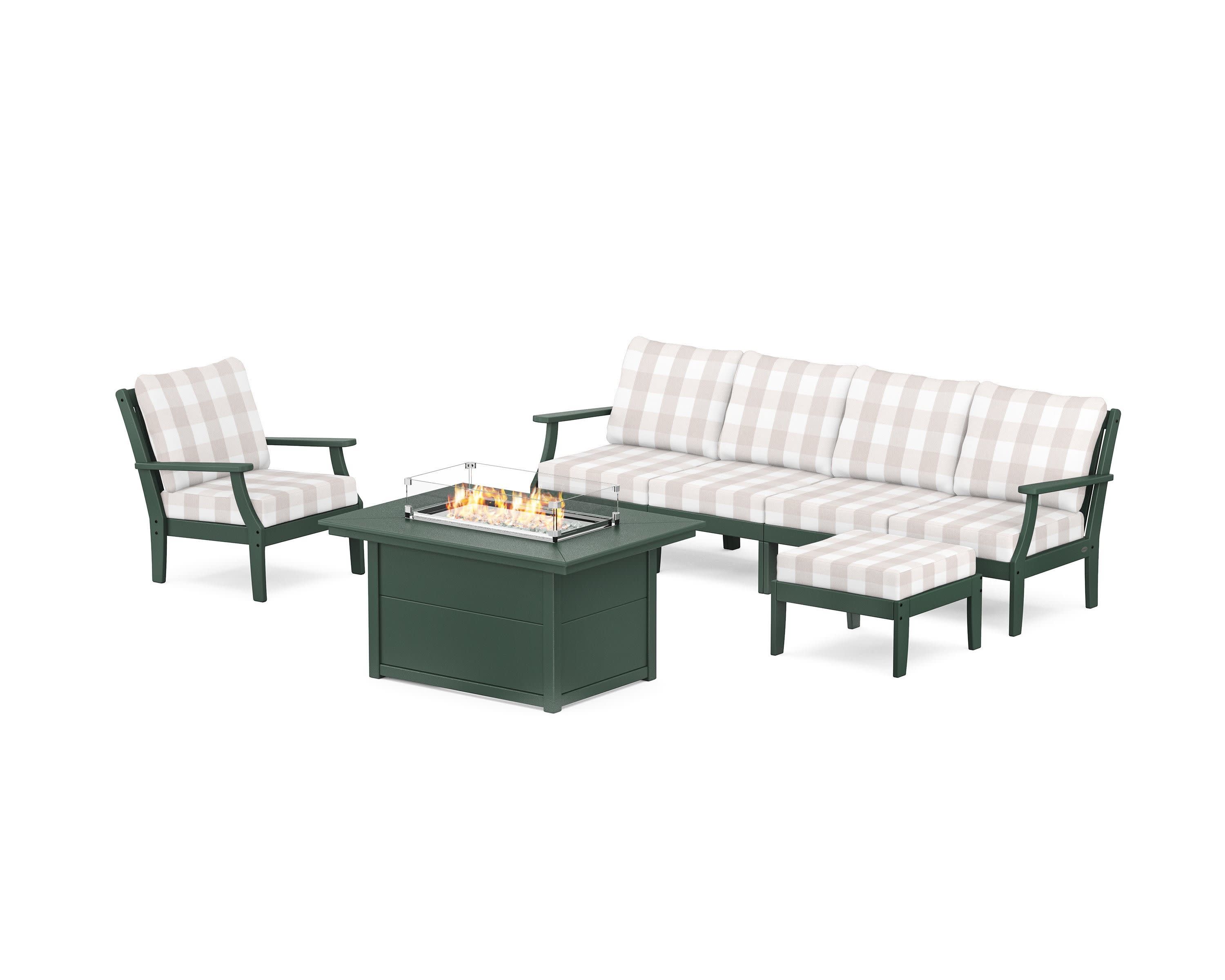 Braxton Sectional Lounge and Fire Pit Set in Green / Buffalo Plaid Dune Burlap