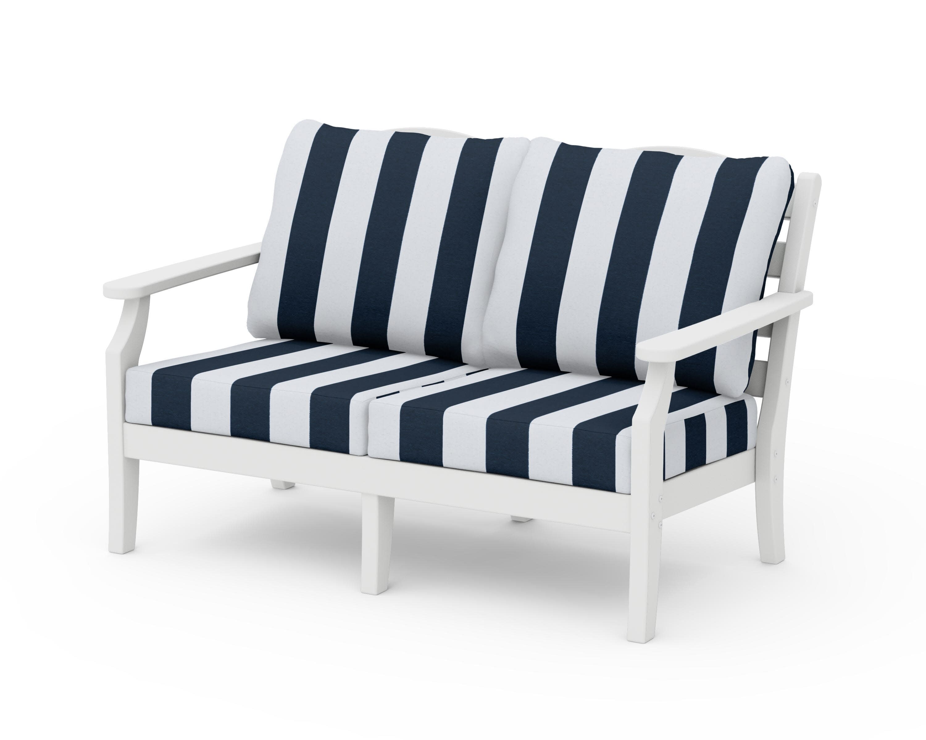 Savannah Deep Seating Loveseat in White / Cabana Stripe Marine Indigo