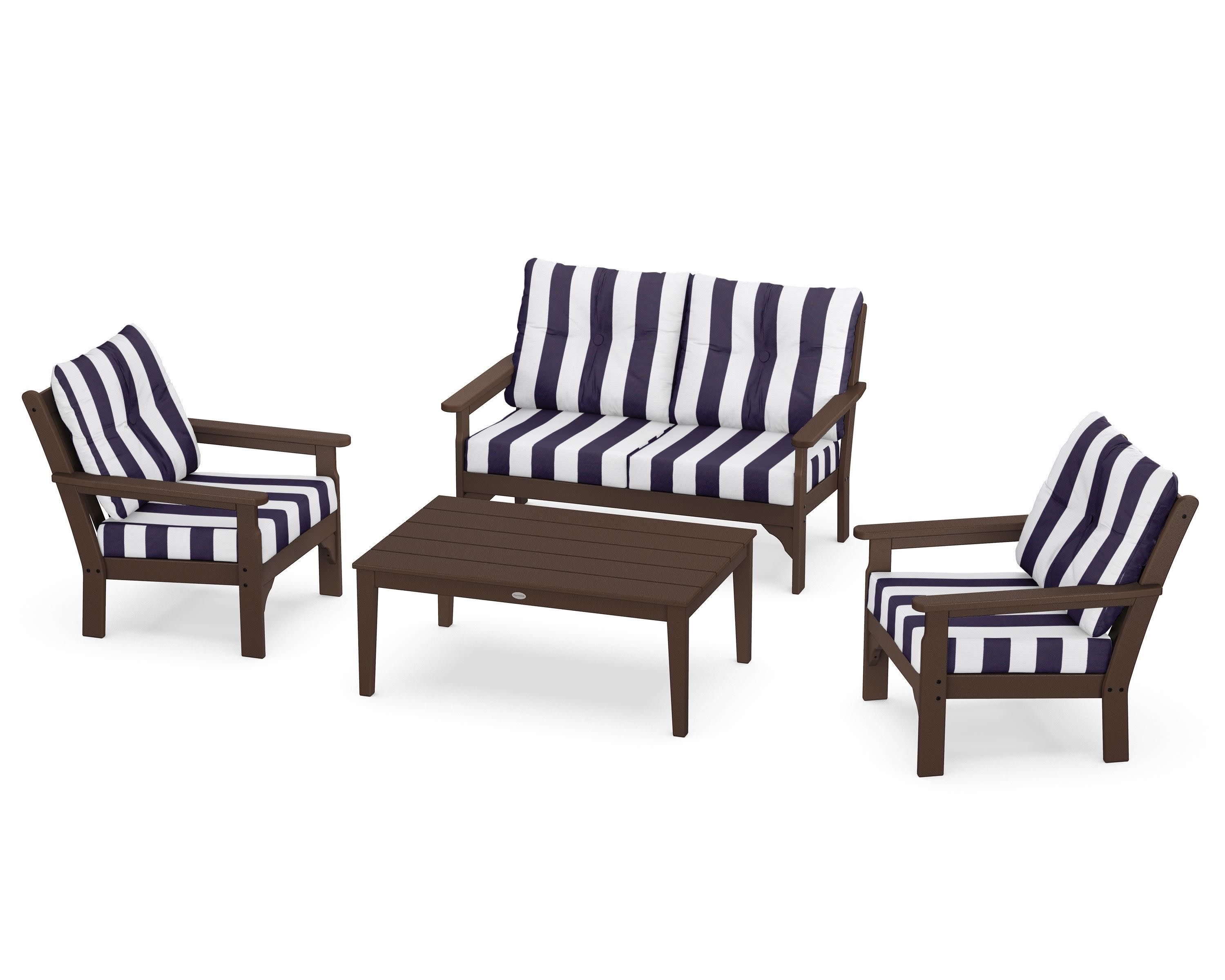 Vineyard 4-Piece Deep Seating Set in Mahogany / Cabana Stripe Navy