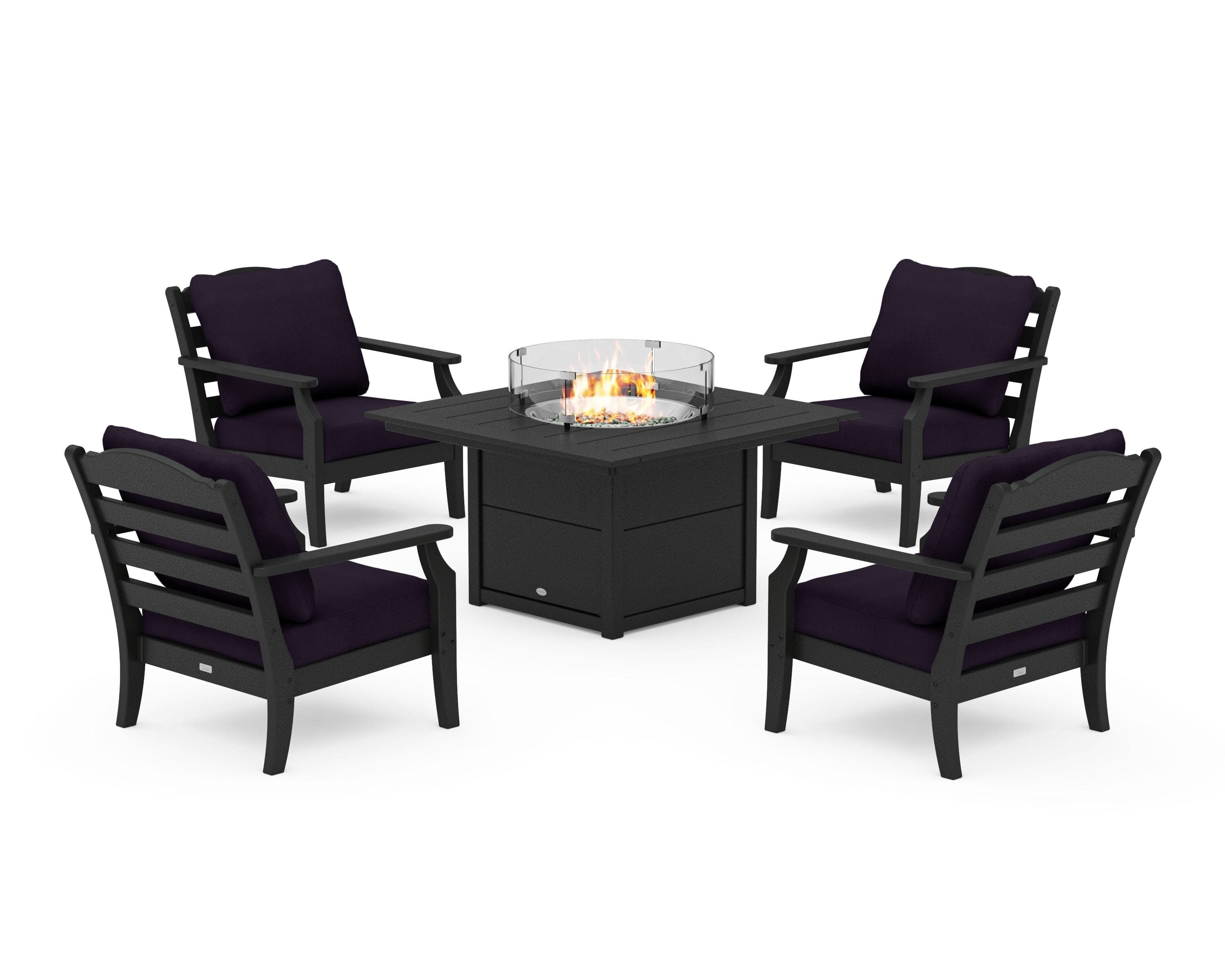 Savannah 5-Piece Deep Seating Set with Fire Pit Table in Black / Navy Linen