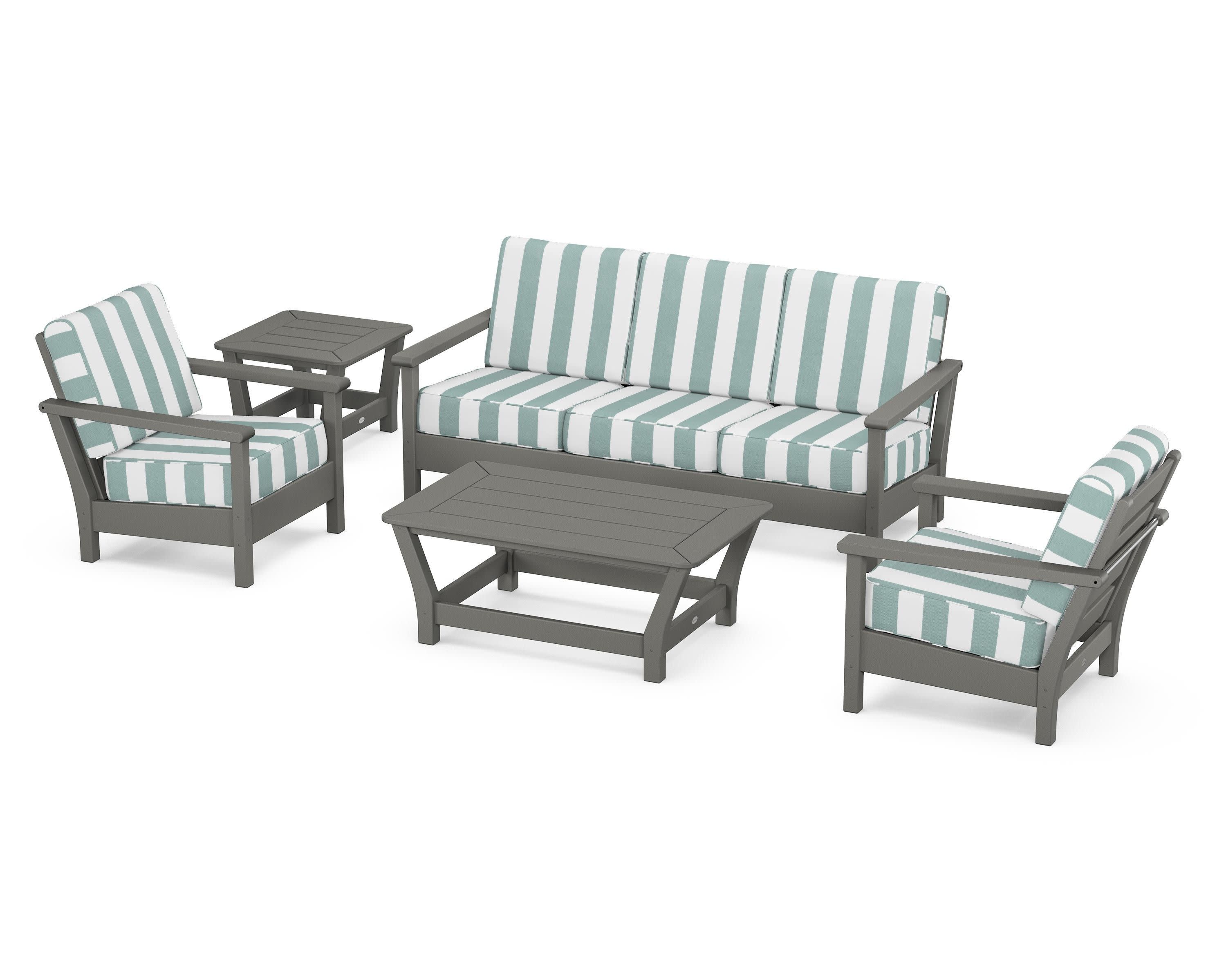 Harbour 5-Piece Deep Seating Set in Slate Grey / Cabana Stripe Glacier Spa