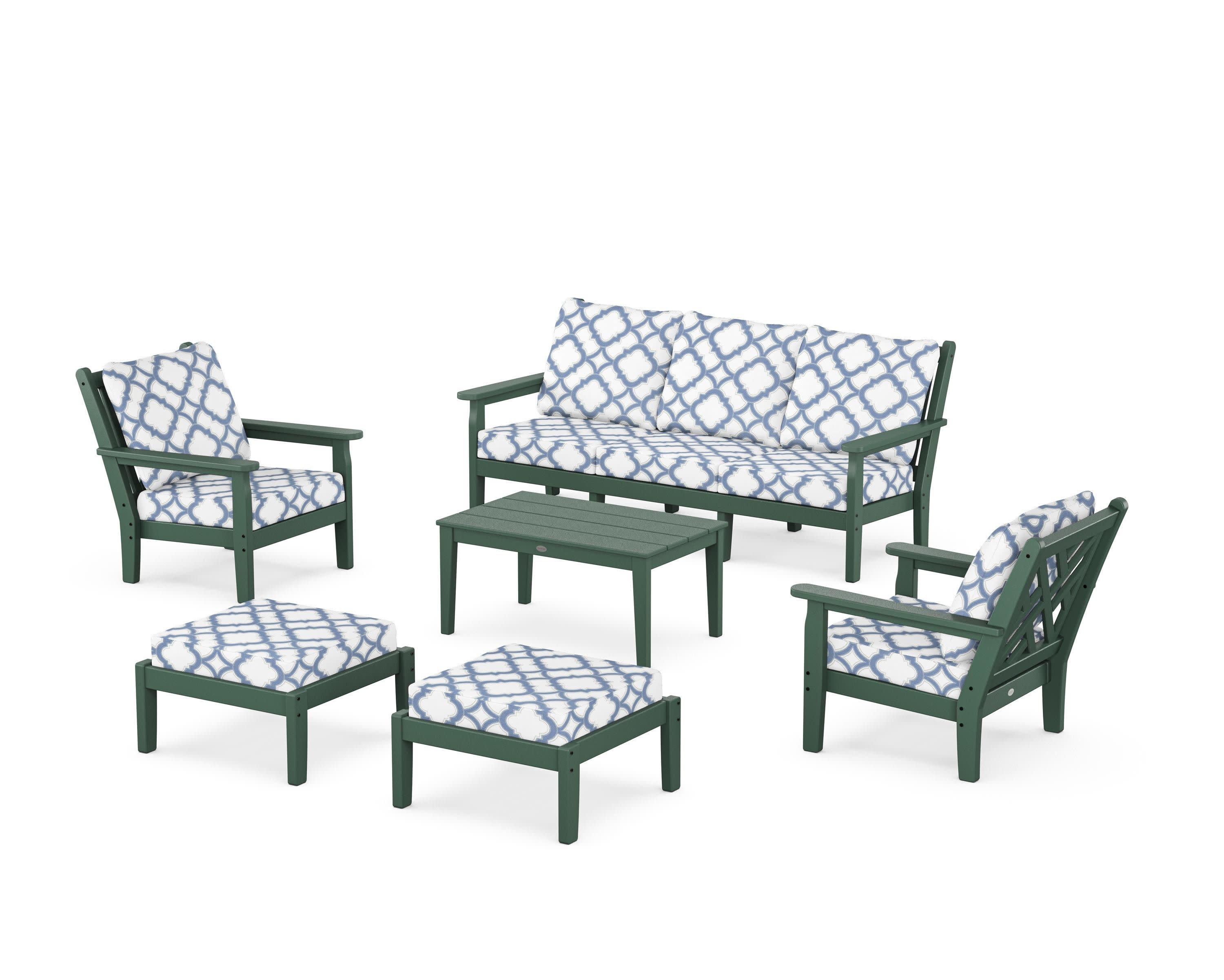 Chippendale 6-Piece Lounge Sofa Set in Green / Trellis Sky Blue