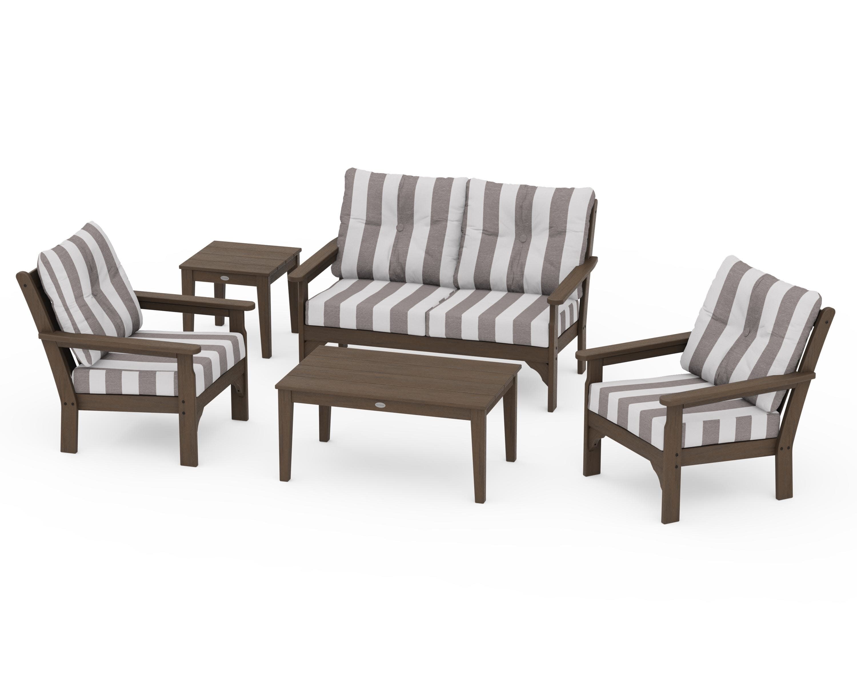 Vineyard 5-Piece Deep Seating Set in Kona / Cabana Stripe Grey Mist