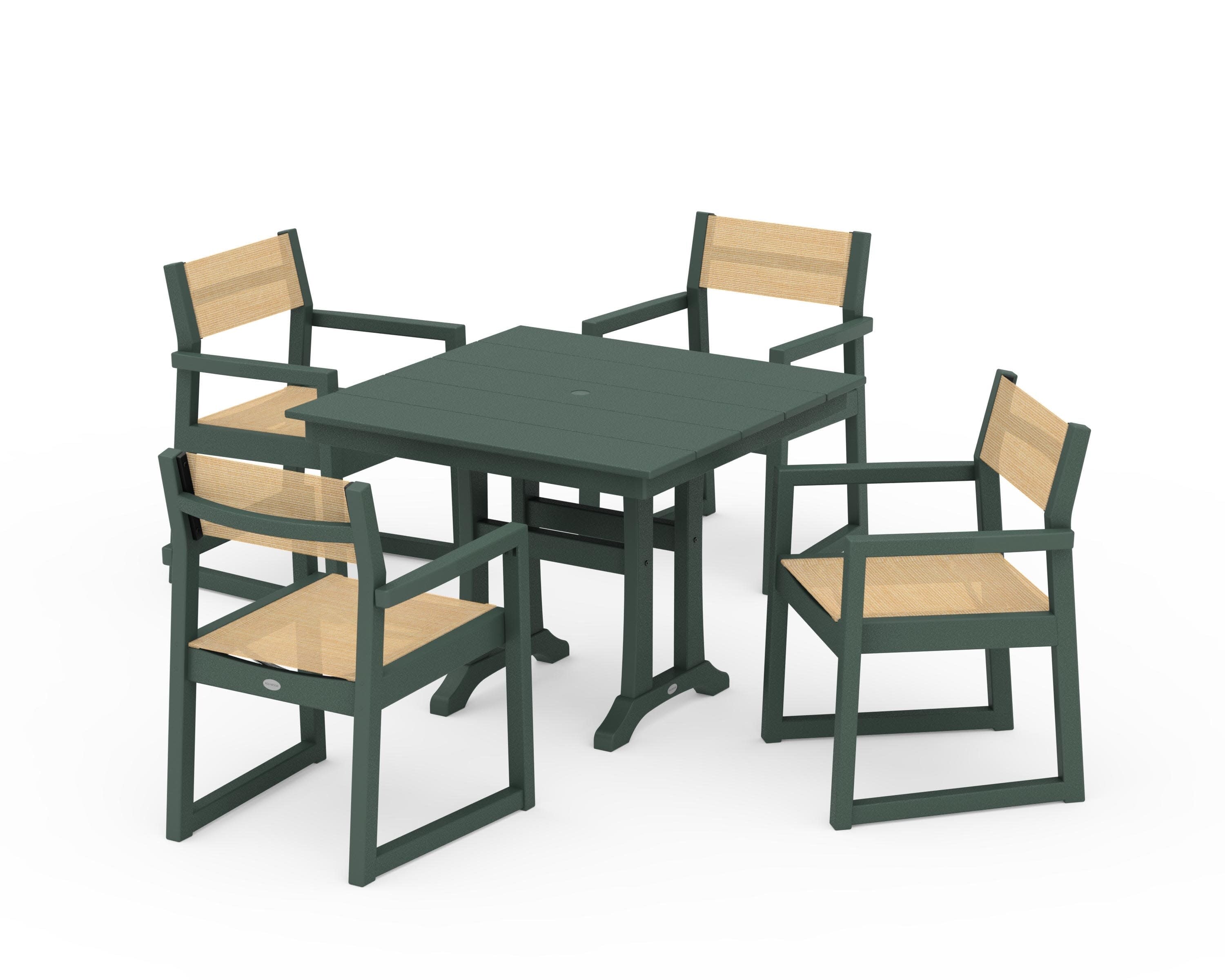 EDGE Sling 5-Piece Farmhouse Dining Set with Trestle Legs in Green / Dupioni Apricot Sling