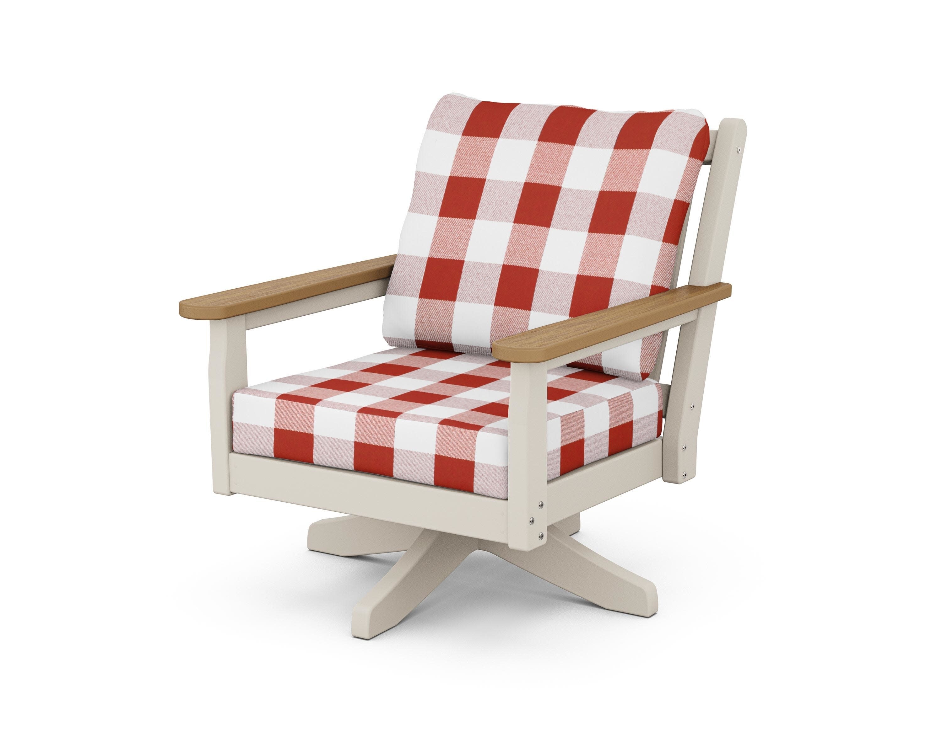 Chippendale Deep Seating Swivel Chair in Sand / Natural / Buffalo Plaid Crimson