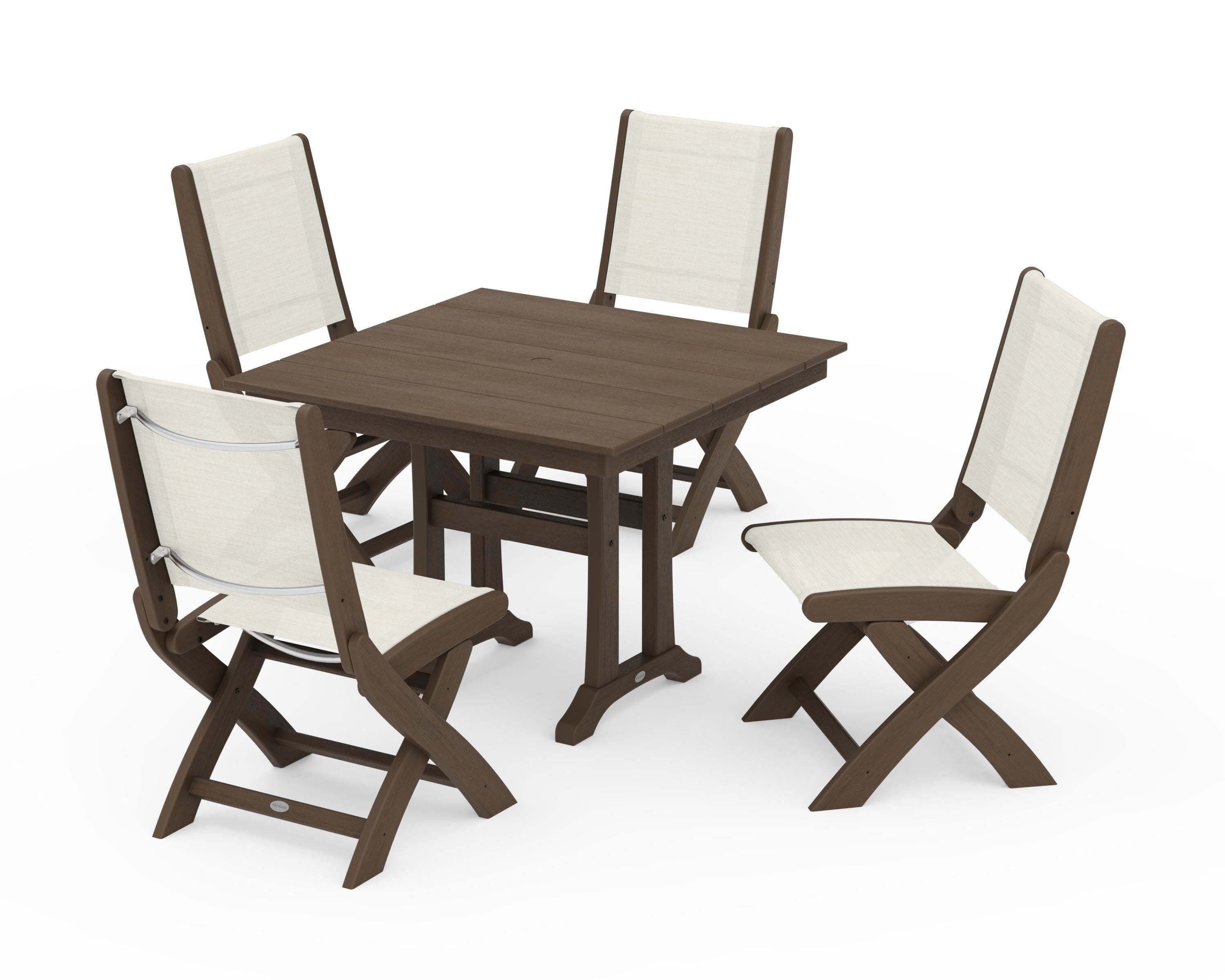 Coastal Folding Side Chair 5-Piece Farmhouse Dining Set With Trestle Legs in Kona / Parchment Sling